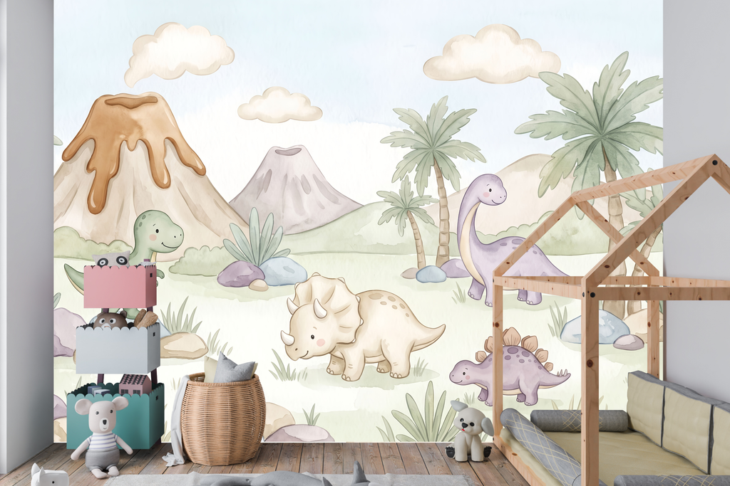Friendly T-Rex and purple Brachiosaurus peel and stick wallpaper behind a toddler bed