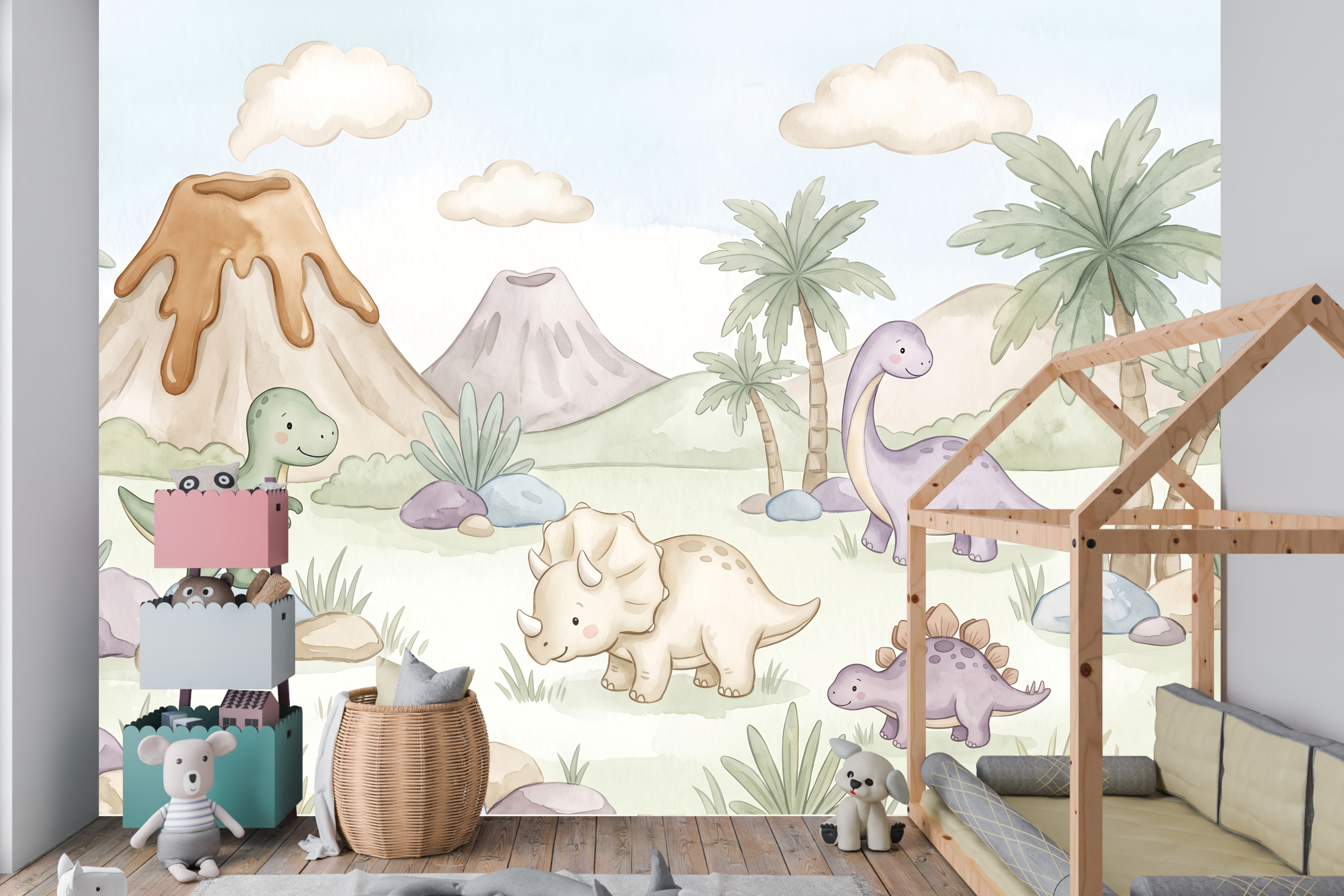 Friendly T-Rex and purple Brachiosaurus peel and stick wallpaper behind a toddler bed
