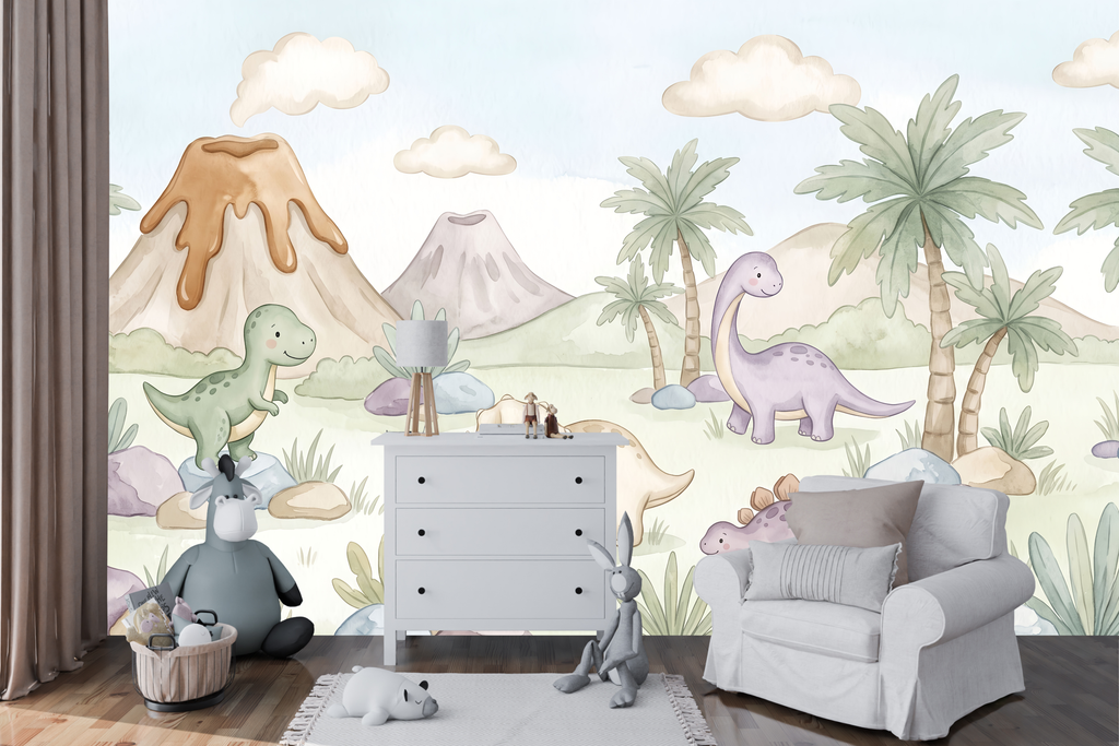 Gentle pastel palm tree and Stegosaurus wall mural transforming a cozy reading corner