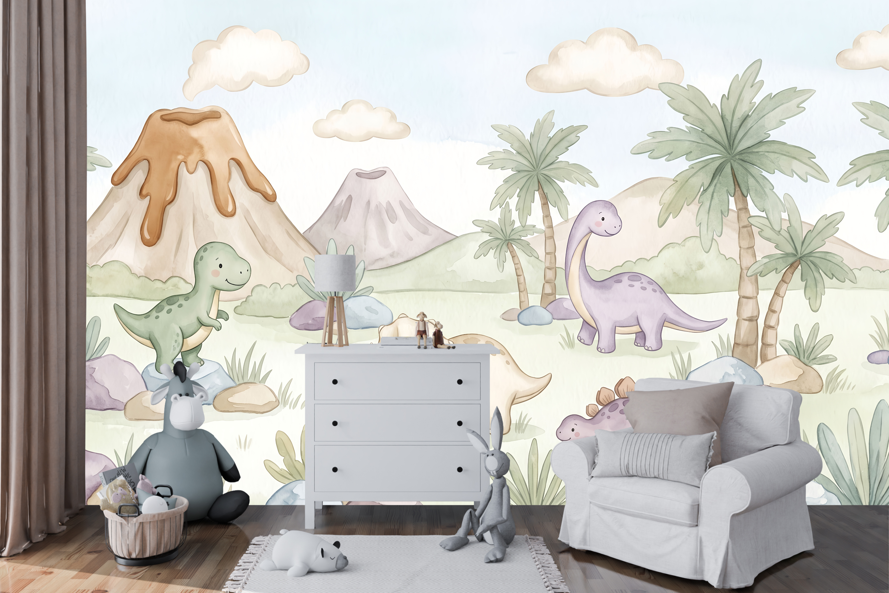 Gentle pastel palm tree and Stegosaurus wall mural transforming a cozy reading corner