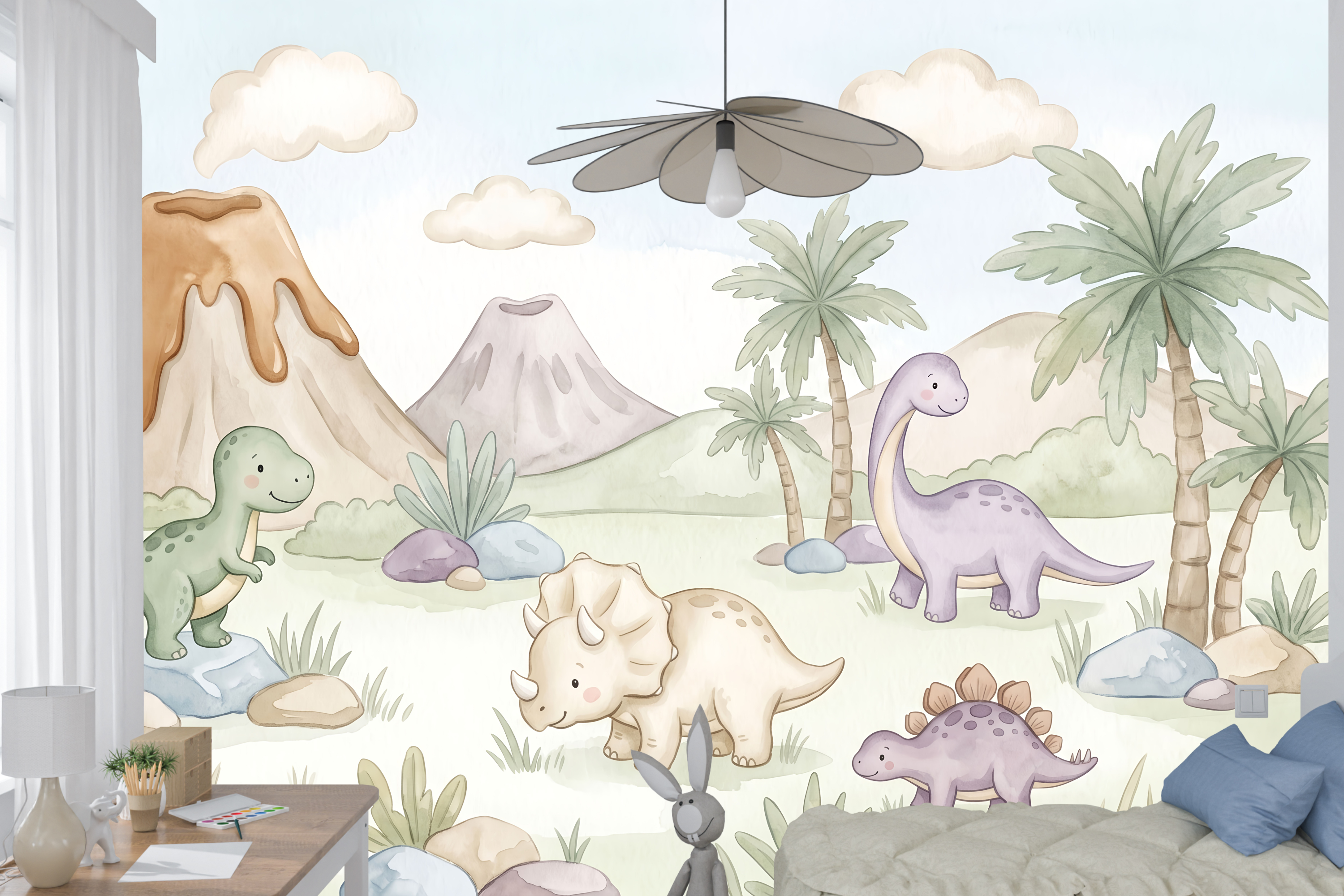 Watercolor Baby Dinosaur Friends Wall Mural Pastel Nursery Peel Stick Wallpaper
