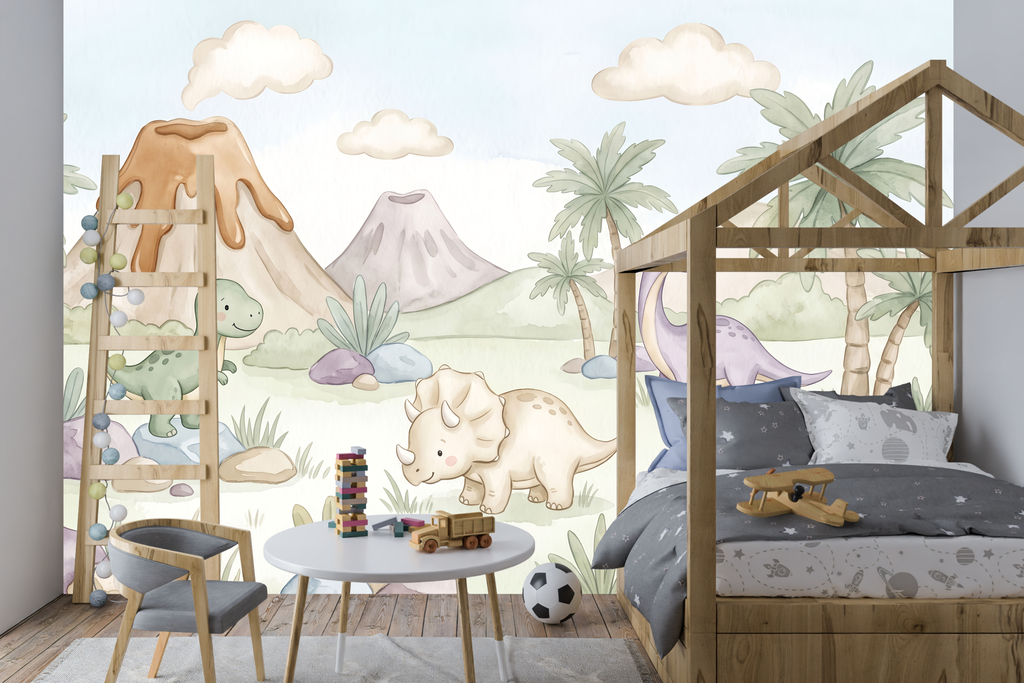 Soft pastel watercolor baby dinosaur mural in a sweet gentle nursery