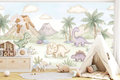 Joyful prehistoric volcano landscape wall mural creating a calming accent wall in a playroom