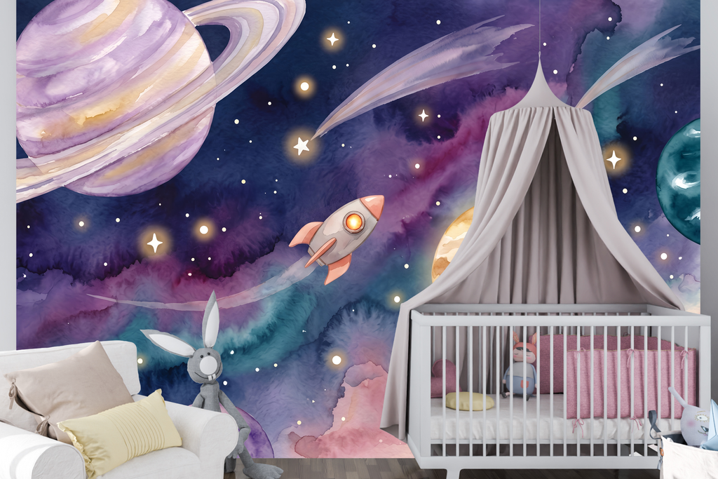Glowing planets and shooting stars wall mural transforming a cozy reading corner