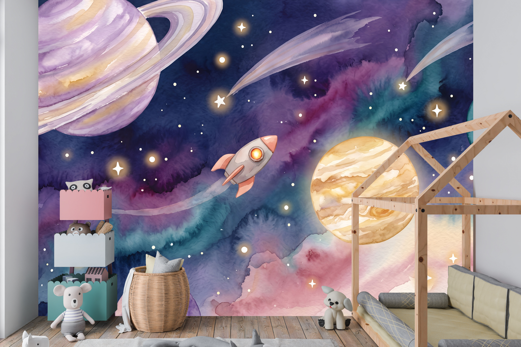Watercolor Galaxy & Planets WallMural Dreamy Outer Space Nursery Removable Wallpaper