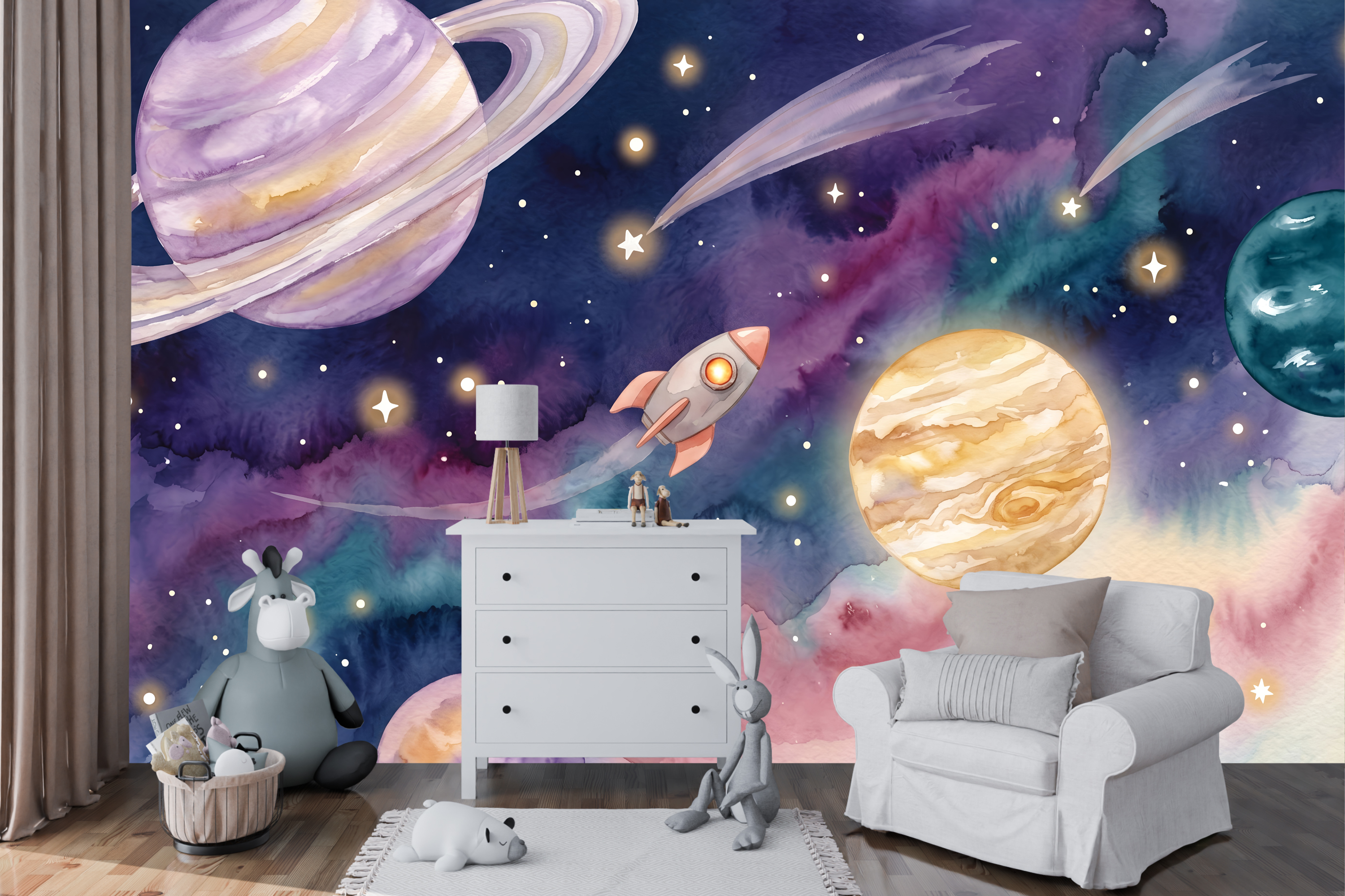 Pastel purple and navy starry sky wall mural creating an adventurous playroom
