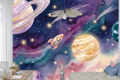 Watercolor outer space and planets mural in a magical dreamy nursery