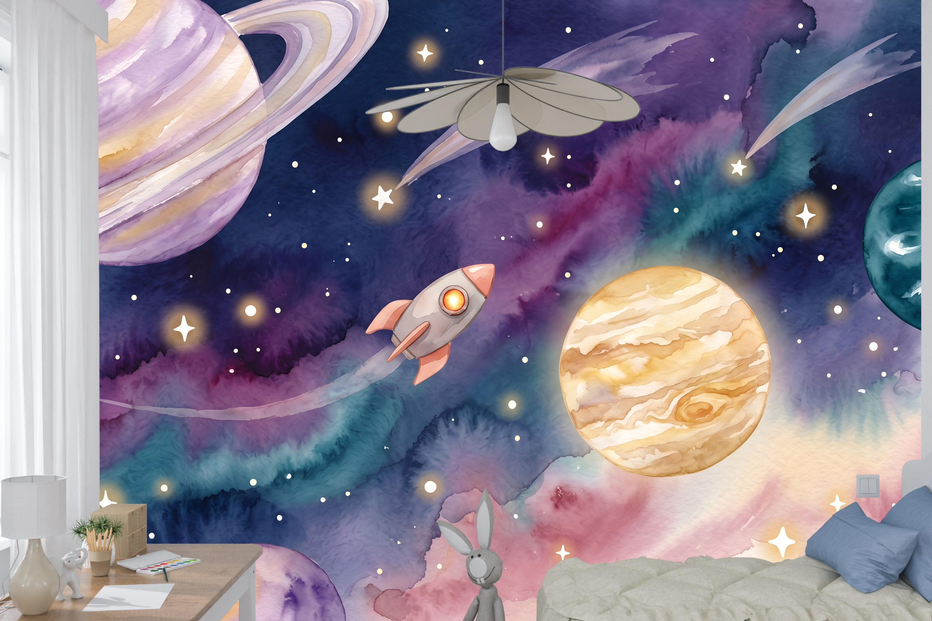 Watercolor outer space and planets mural in a magical dreamy nursery