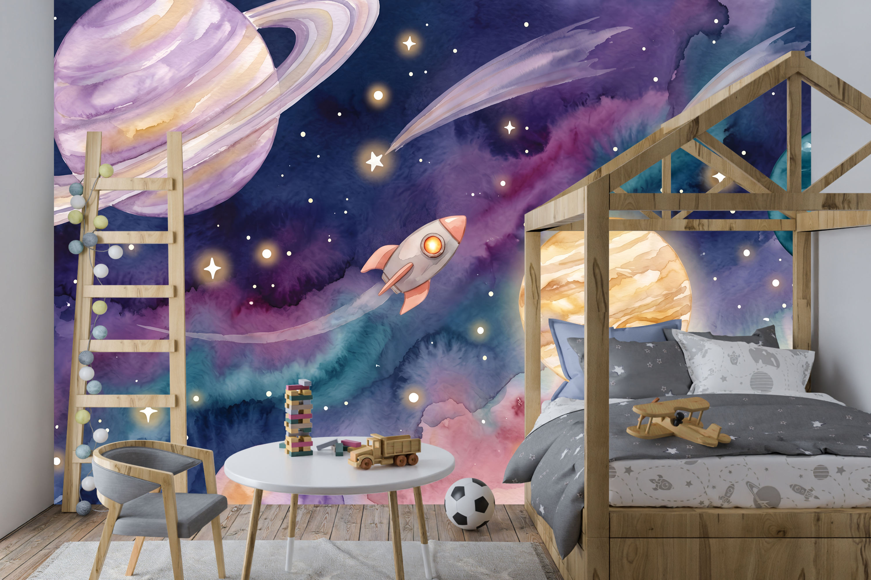 Dreamy galaxy and rocket ship peel and stick wallpaper behind a child's bed
