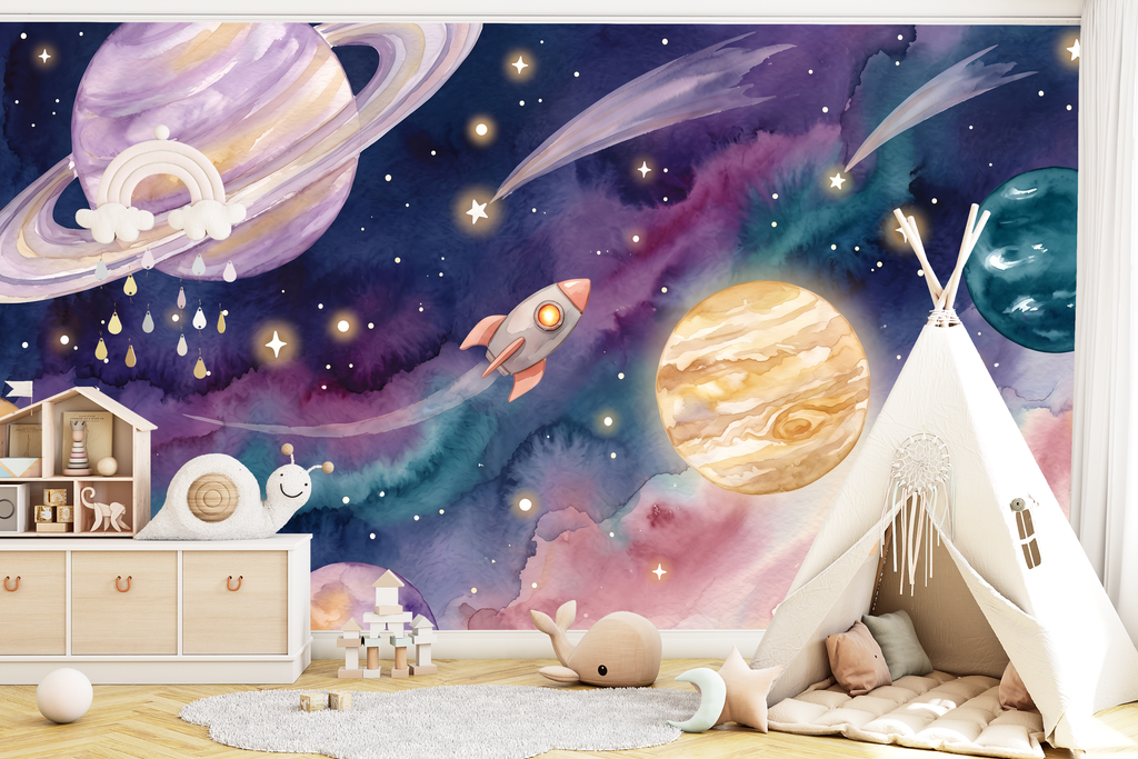 Watercolor Galaxy & Planets WallMural Dreamy Outer Space Nursery Removable Wallpaper