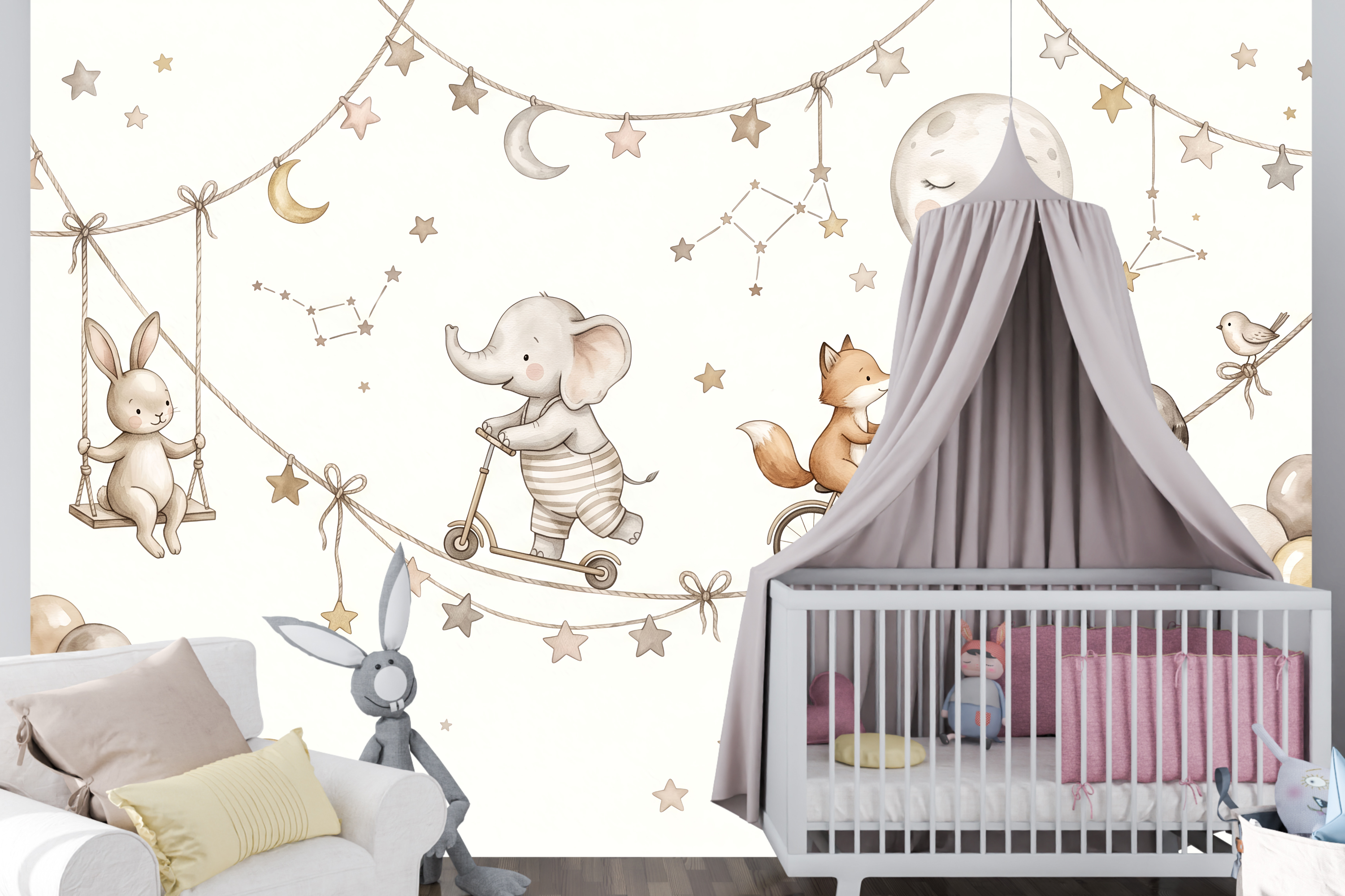 Neutral watercolor sky animals wallpaper in a calming gender-neutral baby nursery