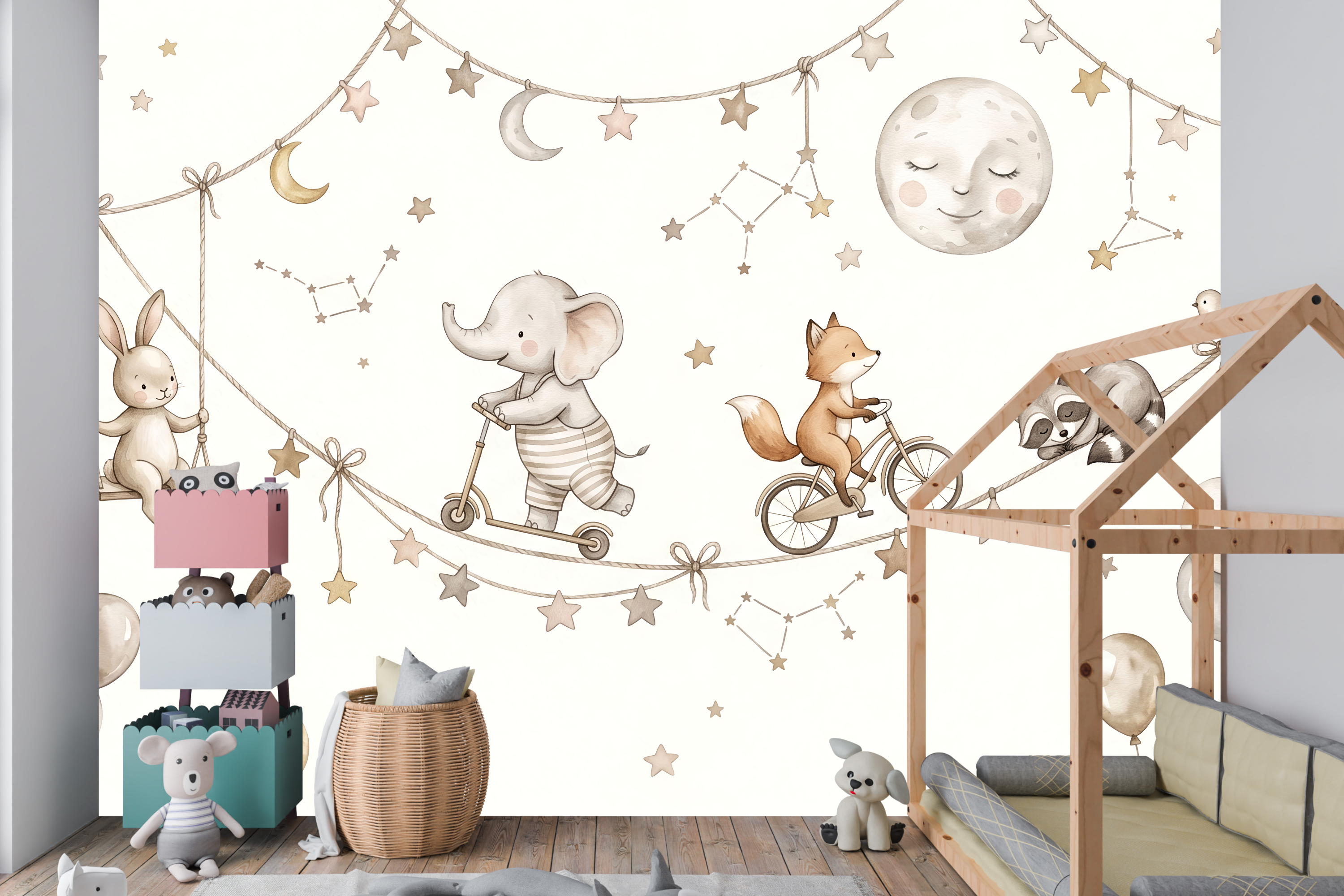 Watercolor Playful Sky Animals Wall Mural Neutral Starry Nursery Wallpaper
