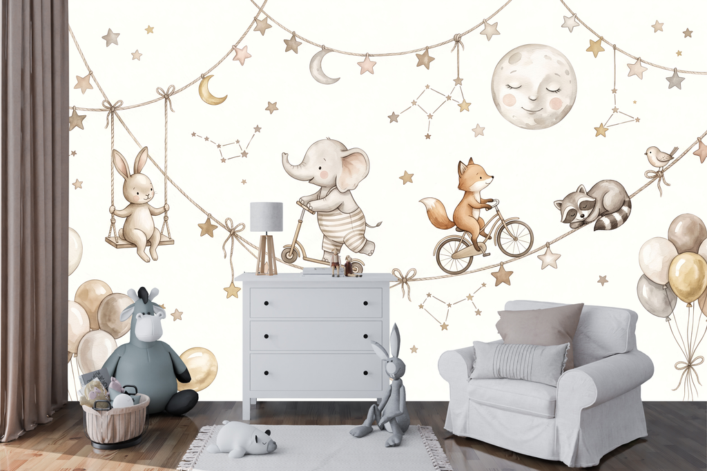 Warm beige starry sky and balloon wall mural transforming a cozy reading corner