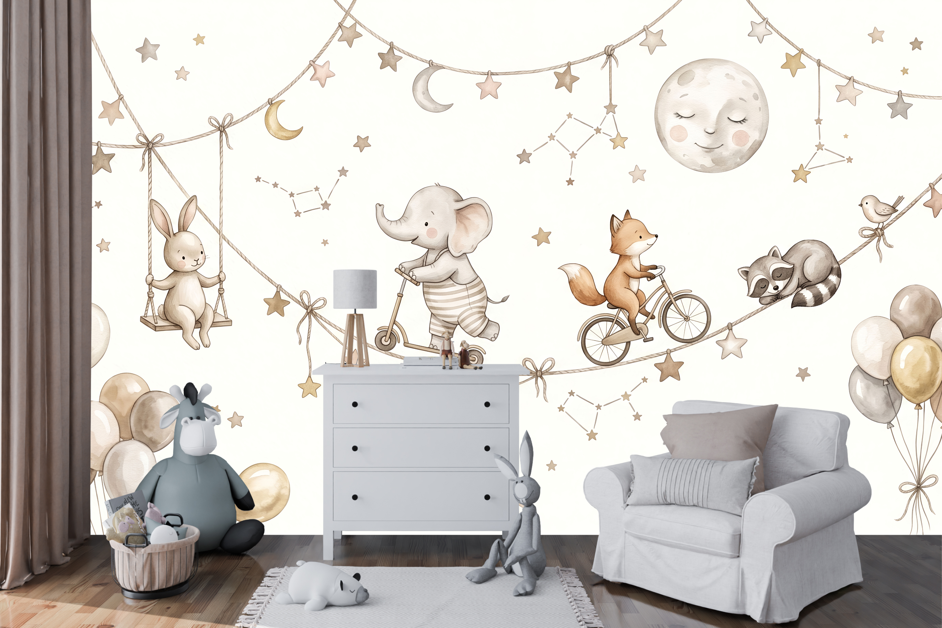 Warm beige starry sky and balloon wall mural transforming a cozy reading corner