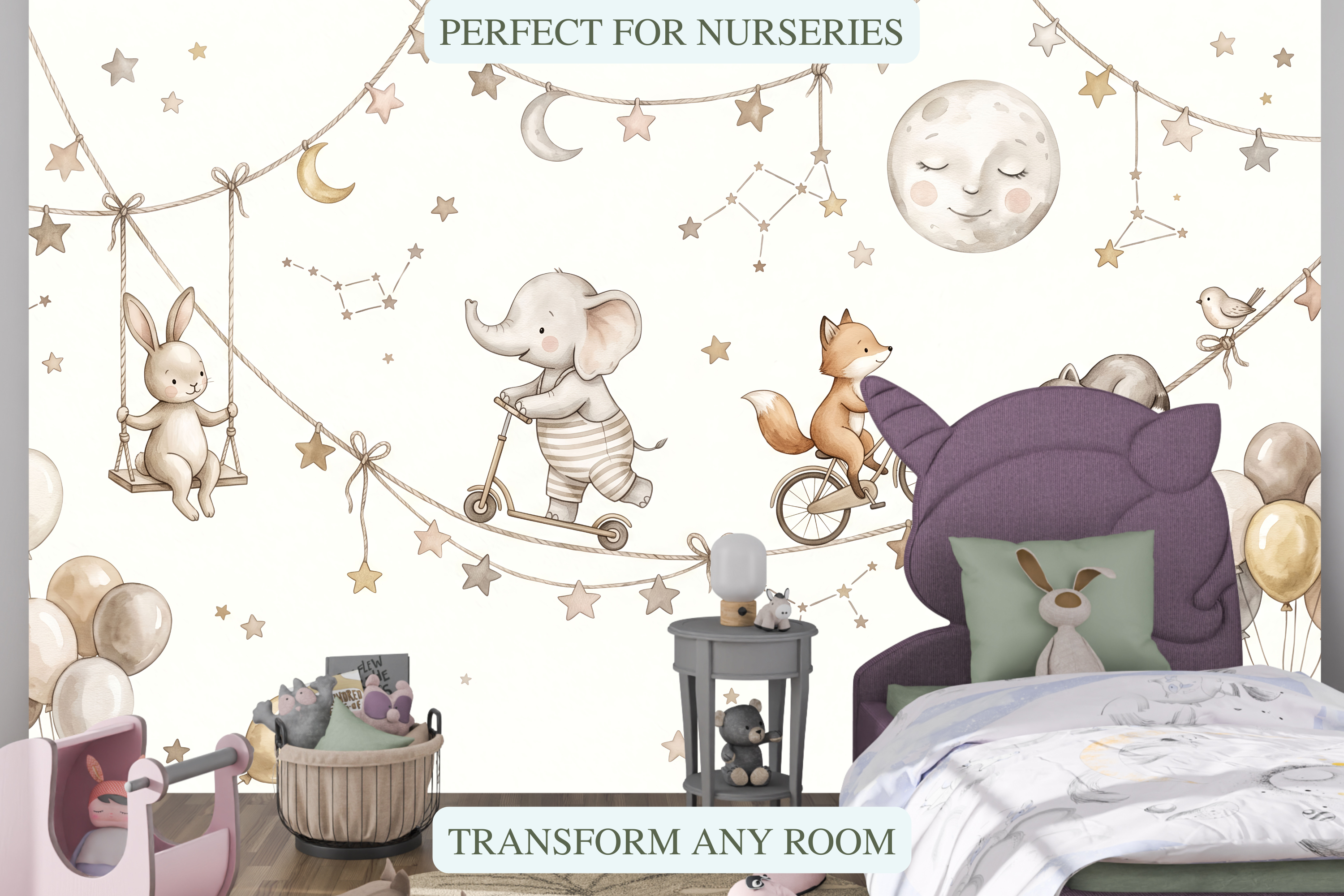 Fox on a bike and elephant on a scooter peel and stick wall mural behind a crib