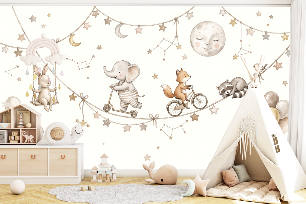 Whimsical star garland and swinging bunny mural creating a magical playroom wall