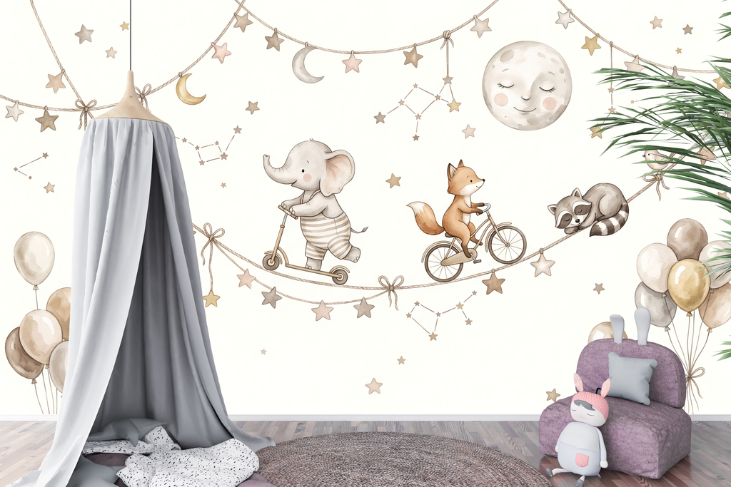 Watercolor Playful Sky Animals Wall Mural Neutral Starry Nursery Wallpaper