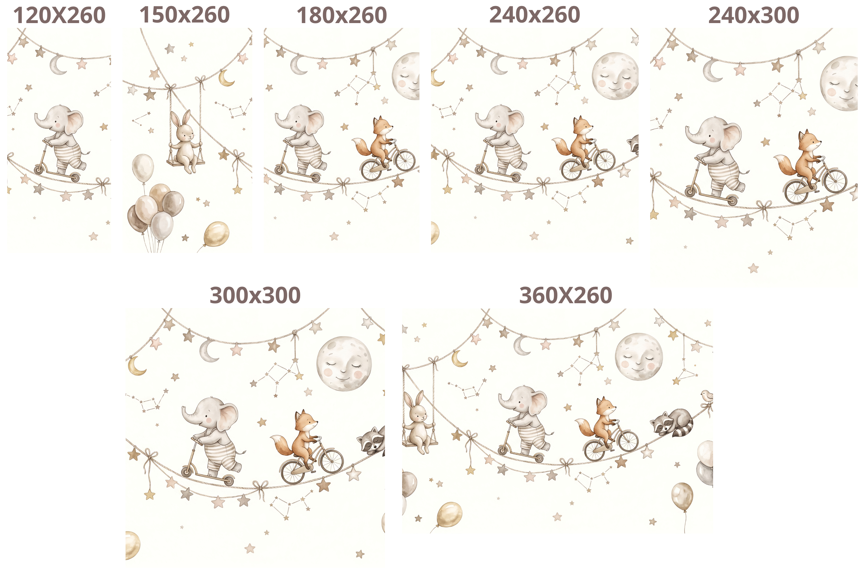 Watercolor Playful Sky Animals Wall Mural Neutral Starry Nursery Wallpaper
