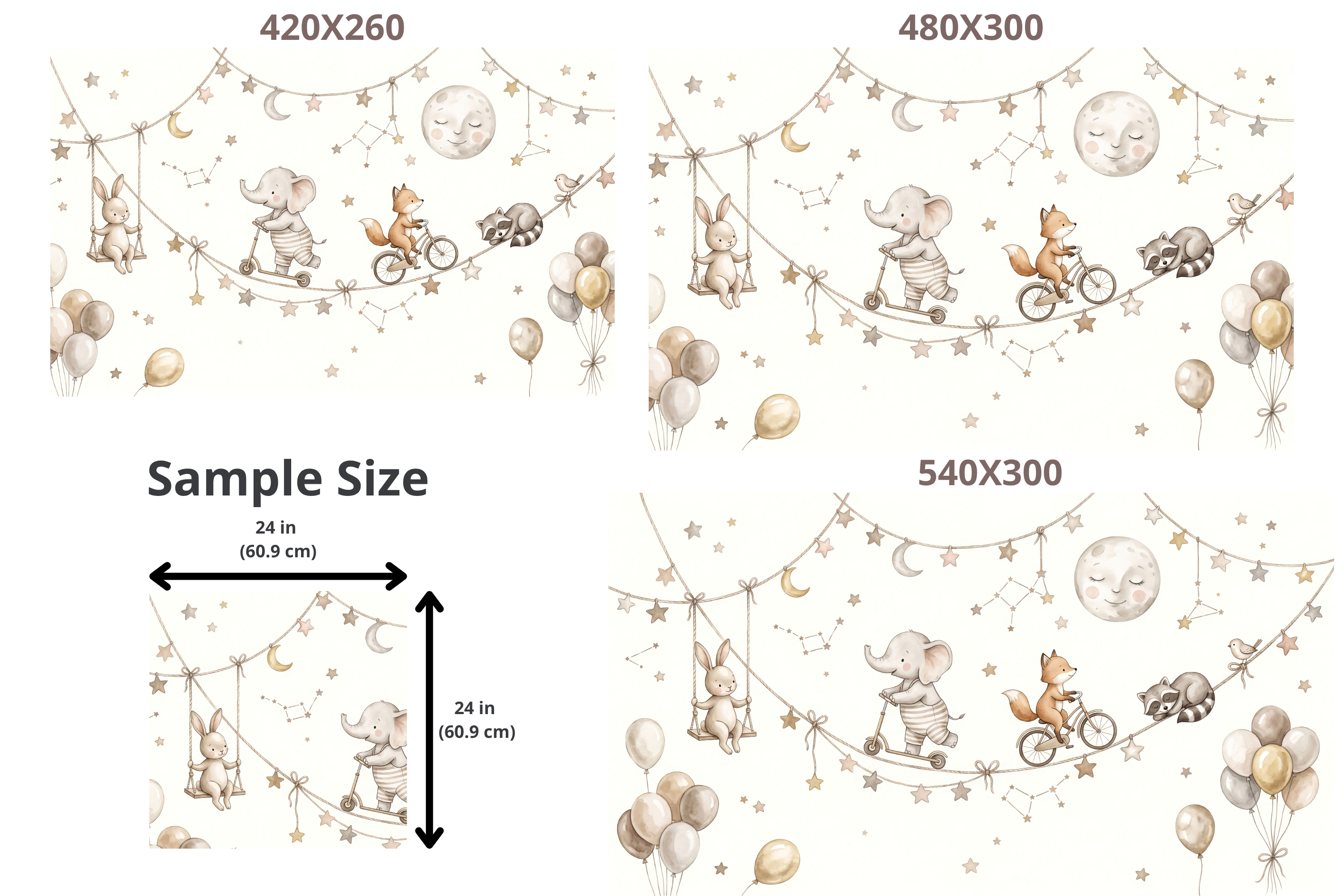 Watercolor Playful Sky Animals Wall Mural Neutral Starry Nursery Wallpaper