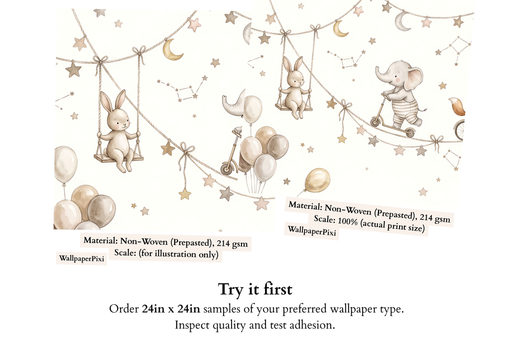 Watercolor Playful Sky Animals Wall Mural Neutral Starry Nursery Wallpaper