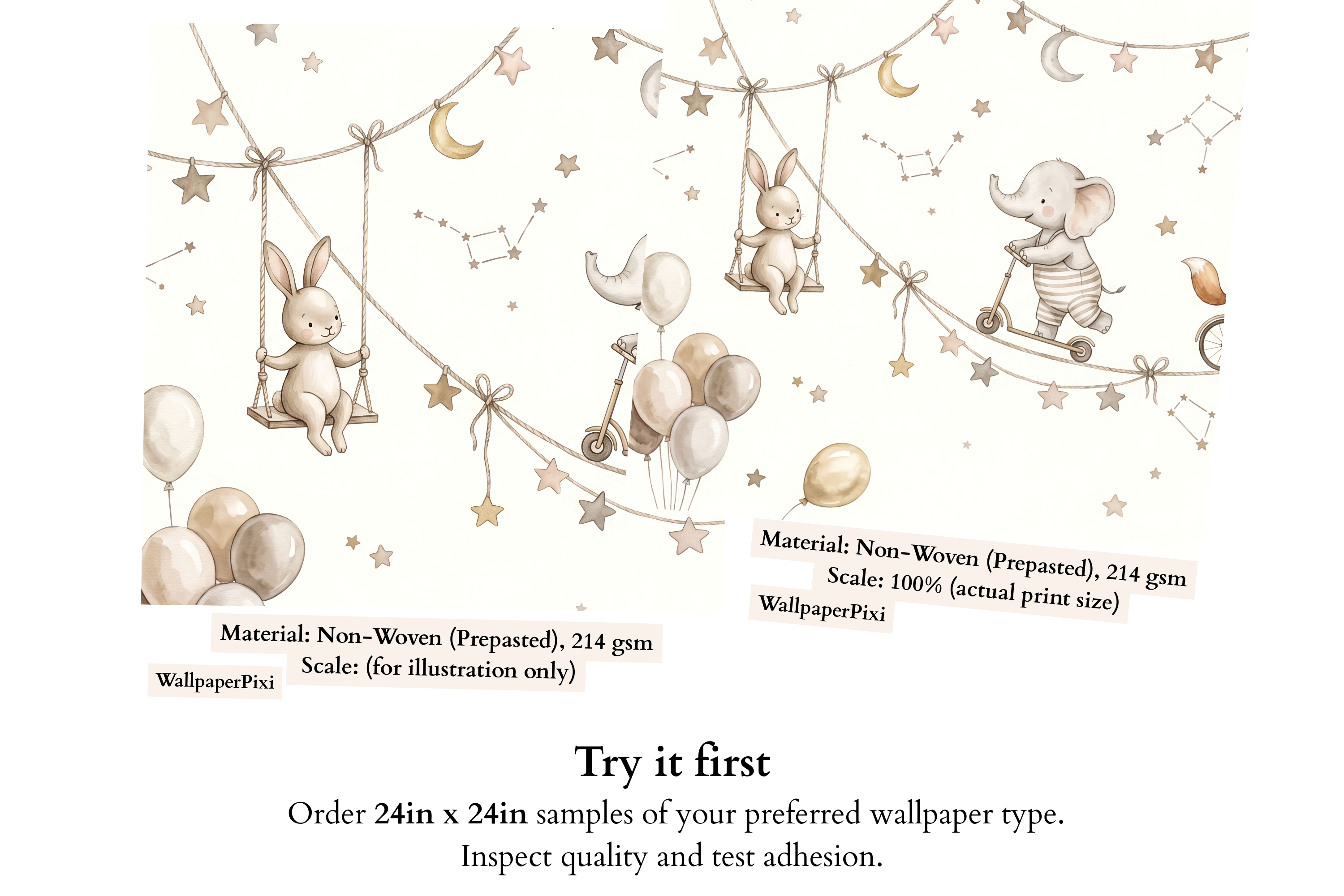 Watercolor Playful Sky Animals Wall Mural Neutral Starry Nursery Wallpaper