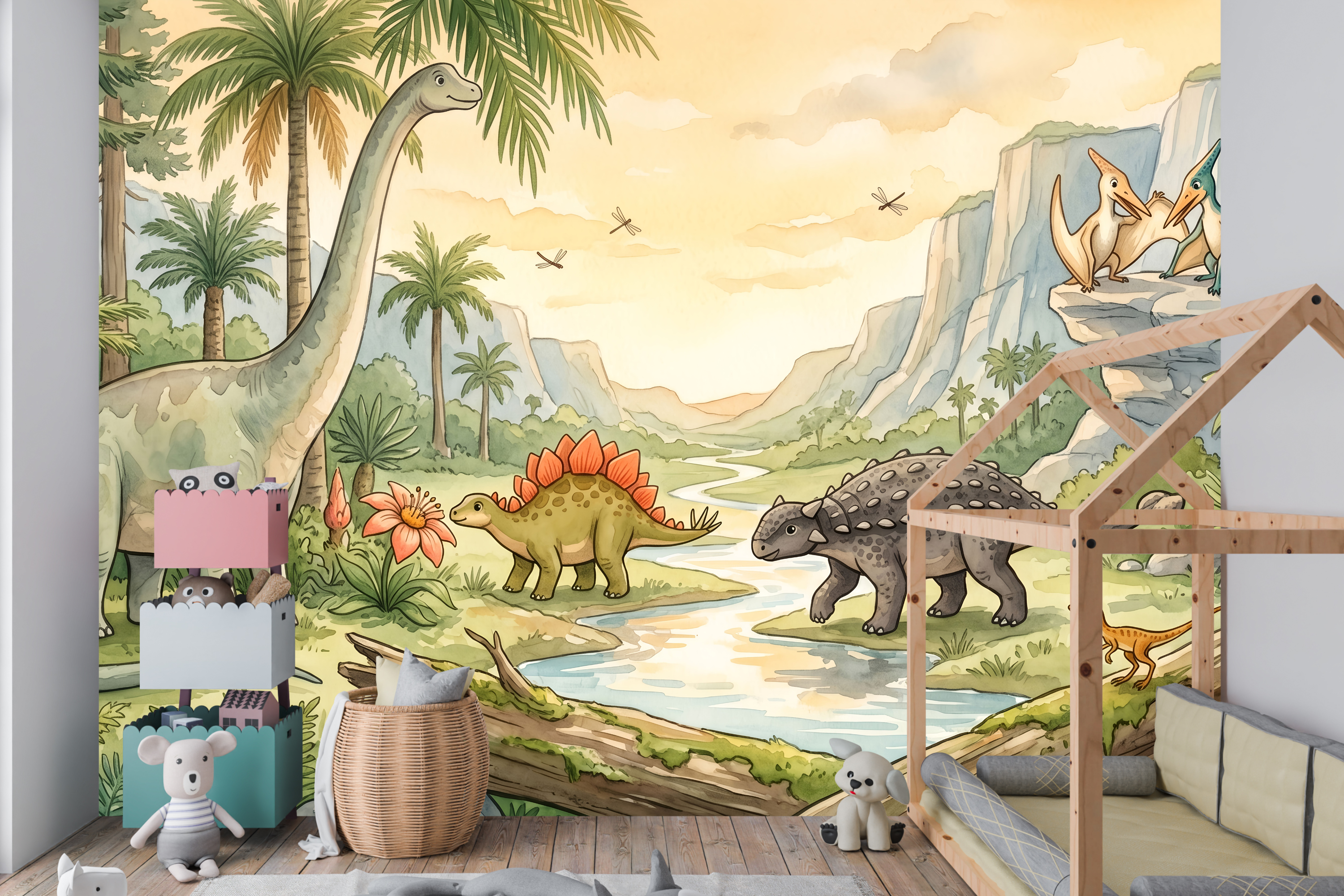 Vintage painted dinosaur landscape wall mural transforming a cozy reading nook or entryway