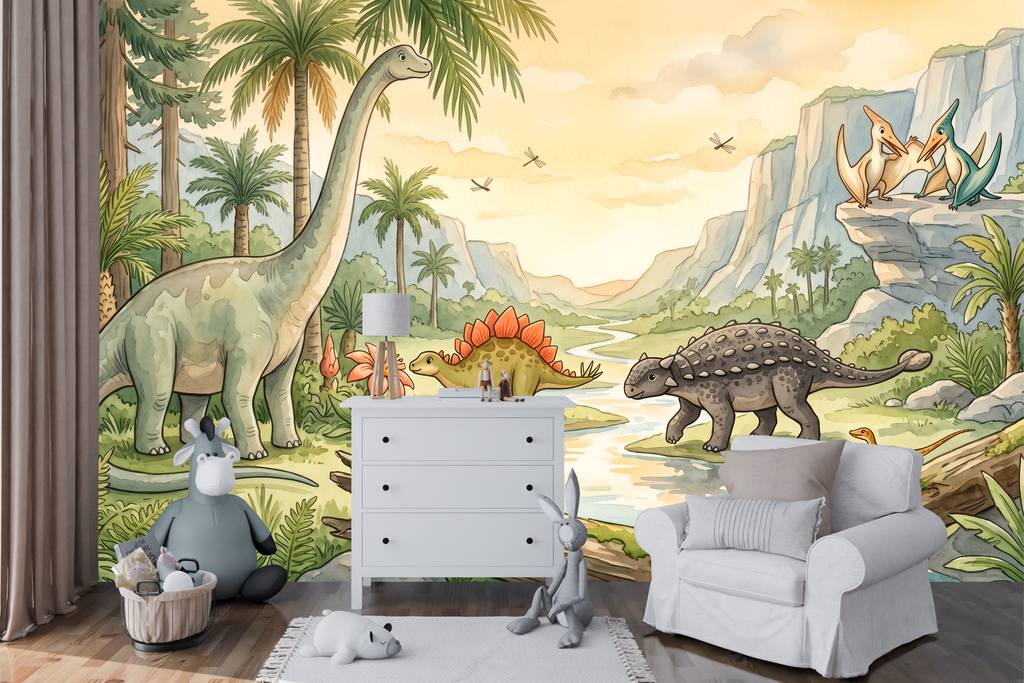 Prehistoric Jurassic river scene wall mural creating an adventurous accent wall in a nursery