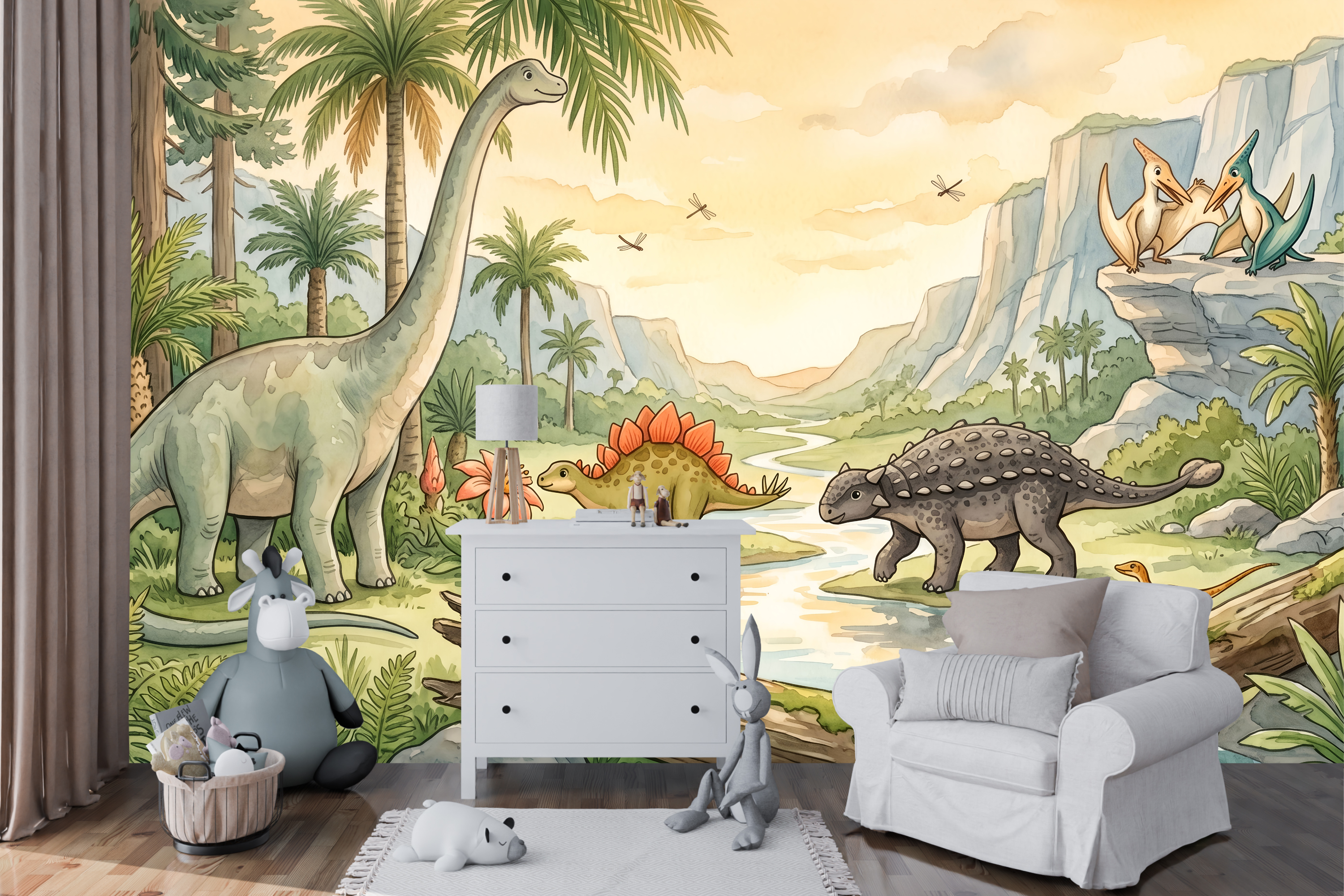 Prehistoric Jurassic river scene wall mural creating an adventurous accent wall in a nursery