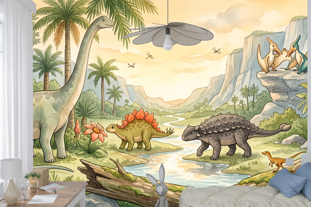Watercolor dinosaur valley landscape mural in a playful kids bedroom