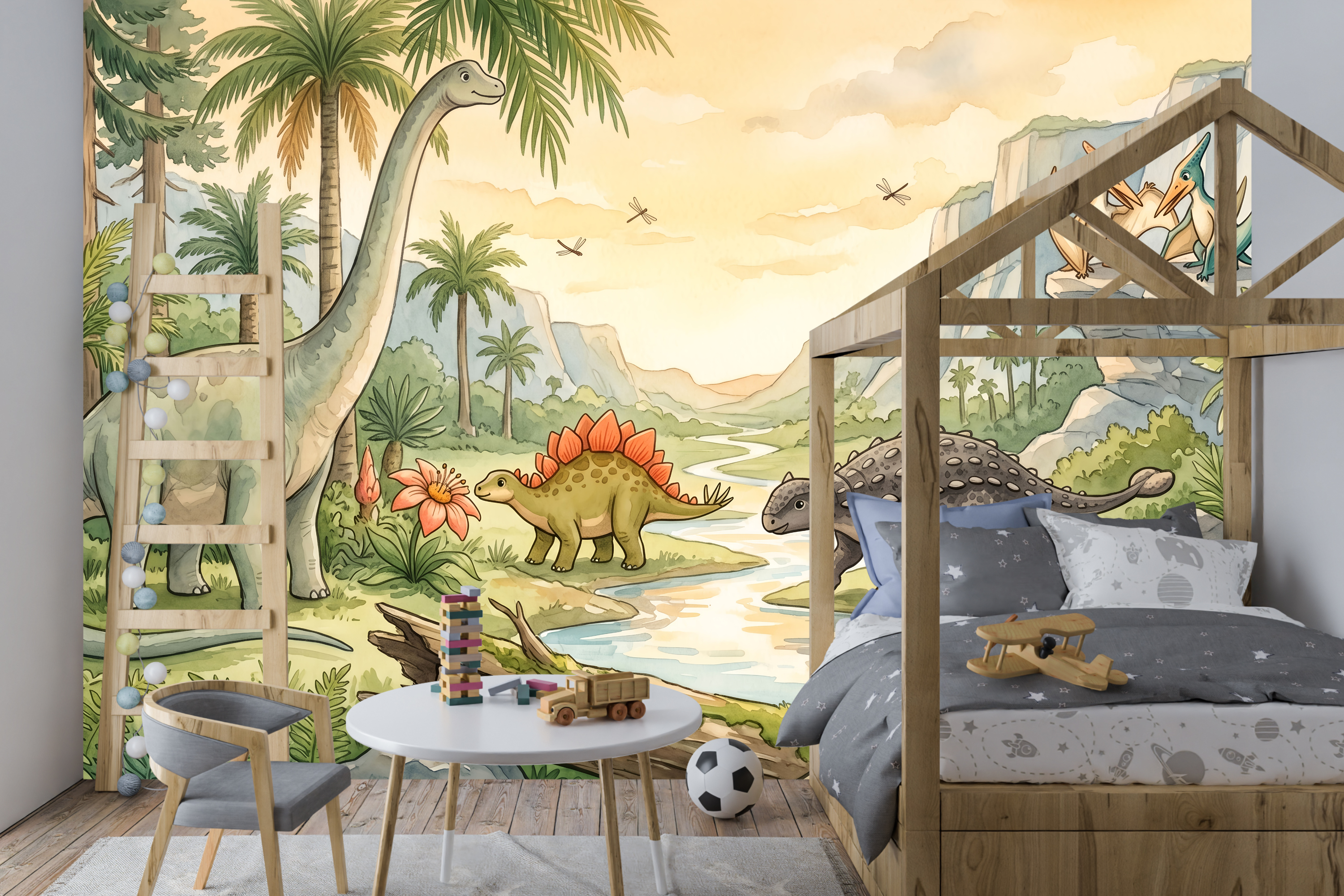 Friendly Brachiosaurus and Stegosaurus peel and stick wallpaper behind a child's play area