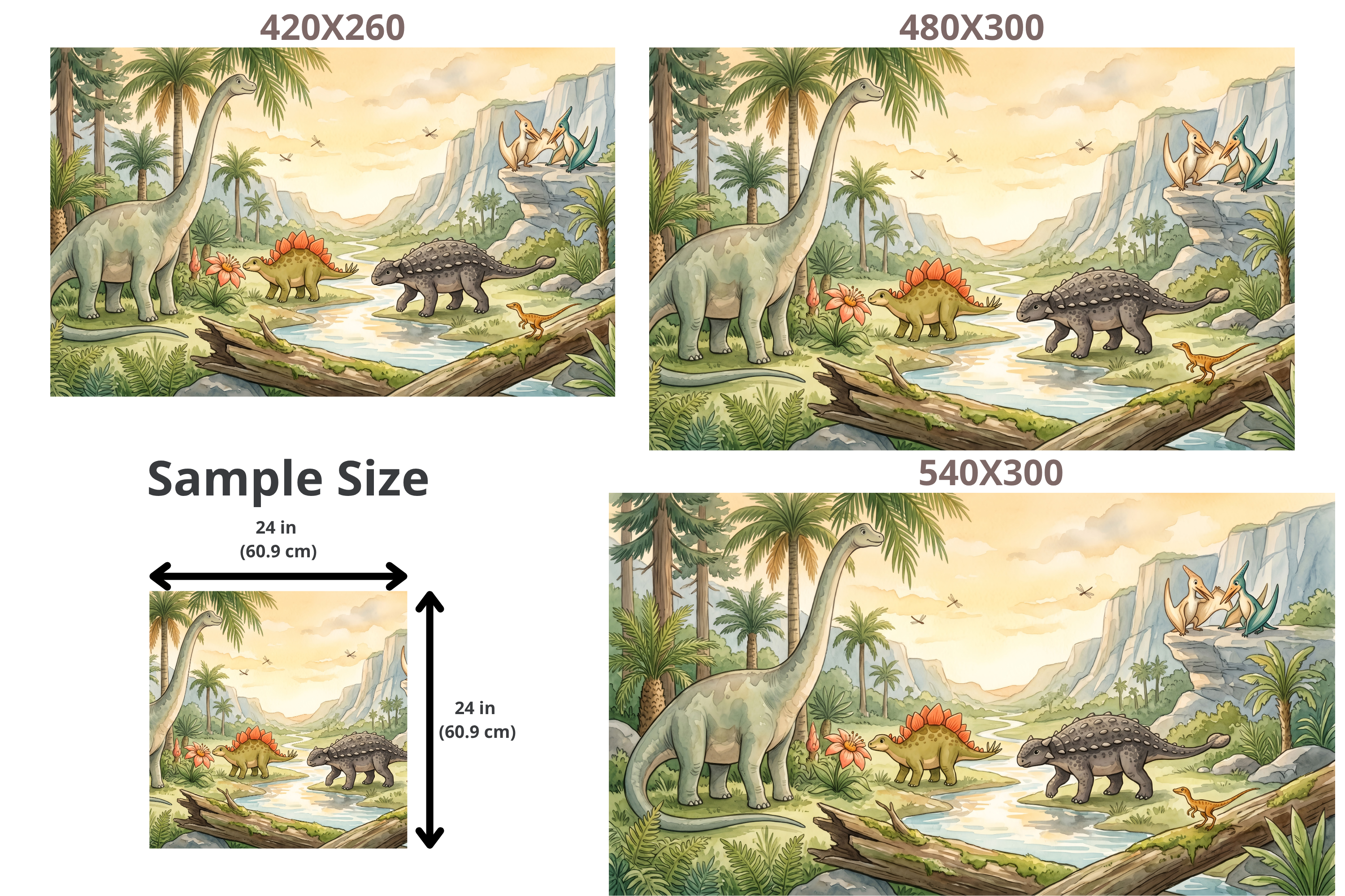 Watercolor Prehistoric Dinosaur Valley Mural Friendly Storybook Jurassic Wallpaper