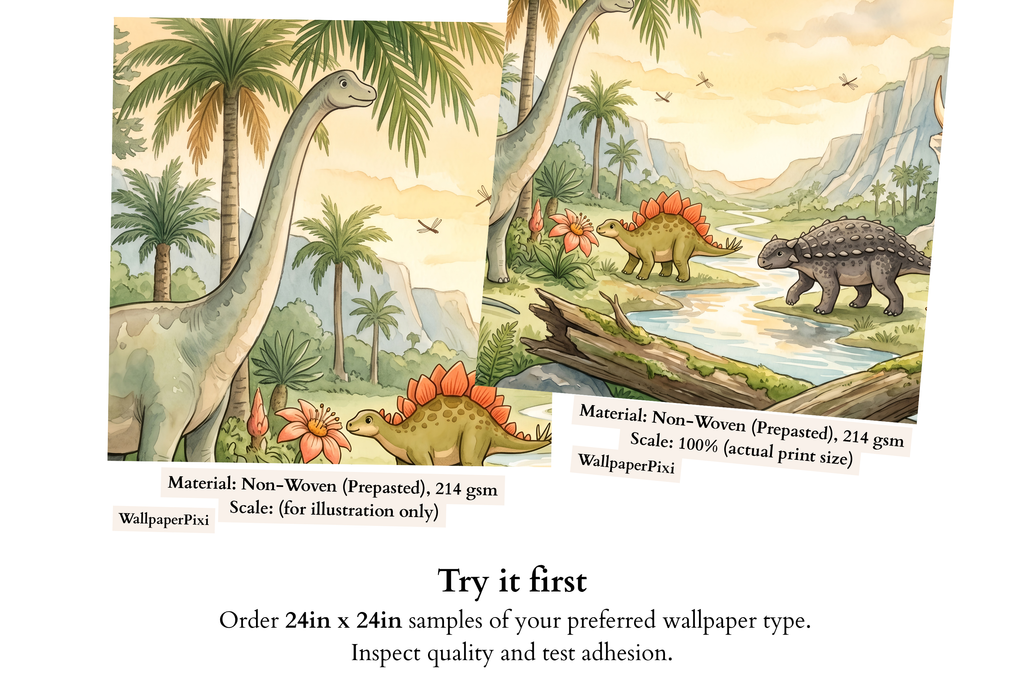 Watercolor Prehistoric Dinosaur Valley Mural Friendly Storybook Jurassic Wallpaper