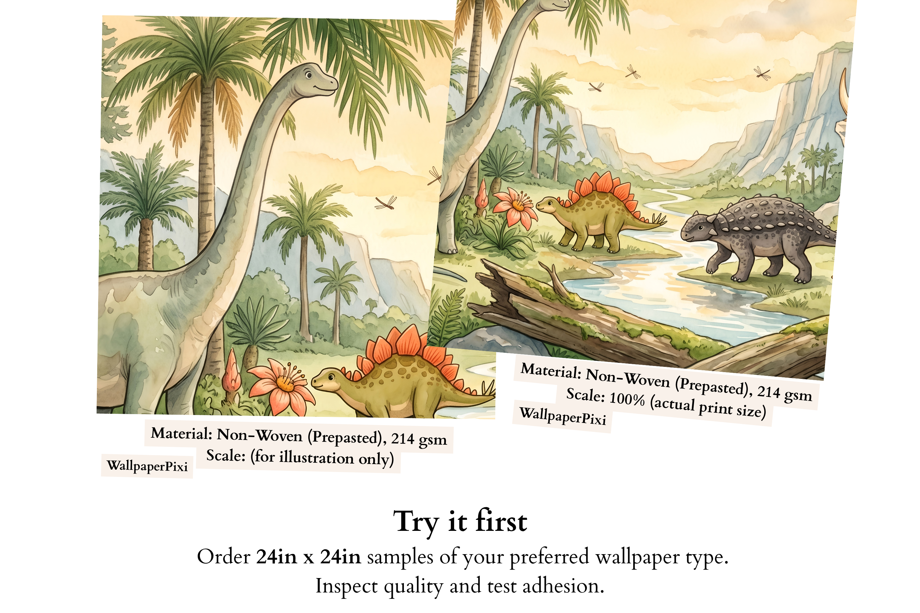 Watercolor Prehistoric Dinosaur Valley Mural Friendly Storybook Jurassic Wallpaper