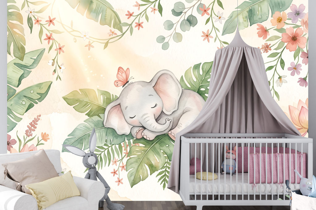 Pastel floral and cute elephant peel and stick wall mural behind a crib or child's bed