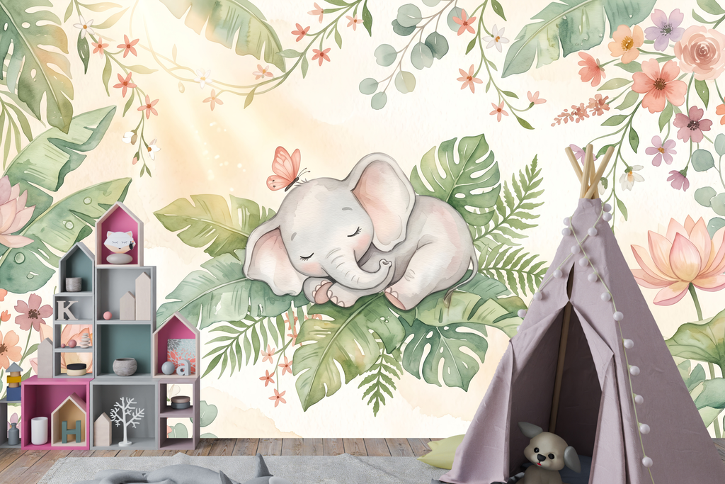 Watercolor Sleeping Elephant & Tropical Floral Wallpaper Soft Pastel Nursery Wall Mural