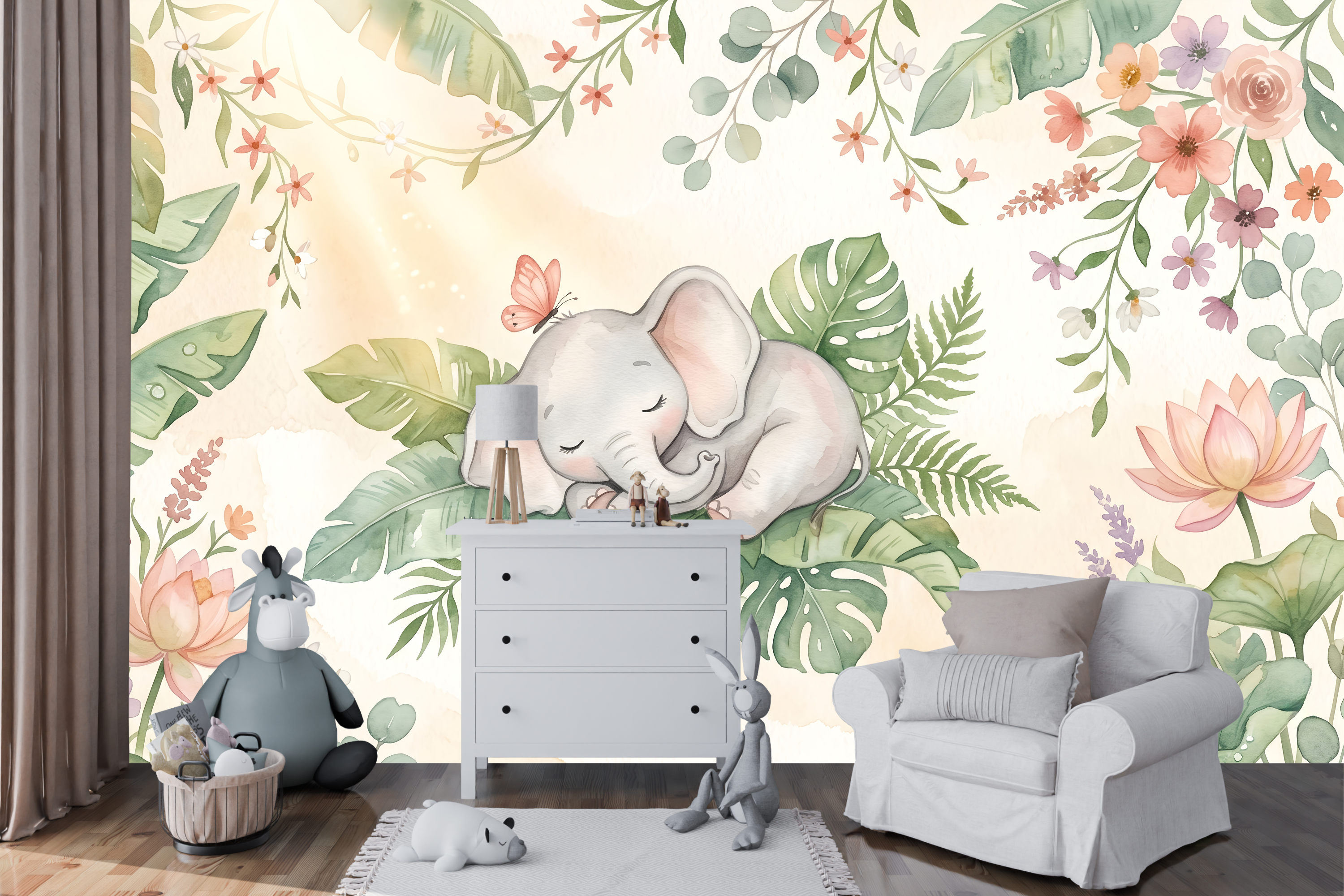 Sunlit pastel floral and foliage wall mural transforming a cozy reading corner