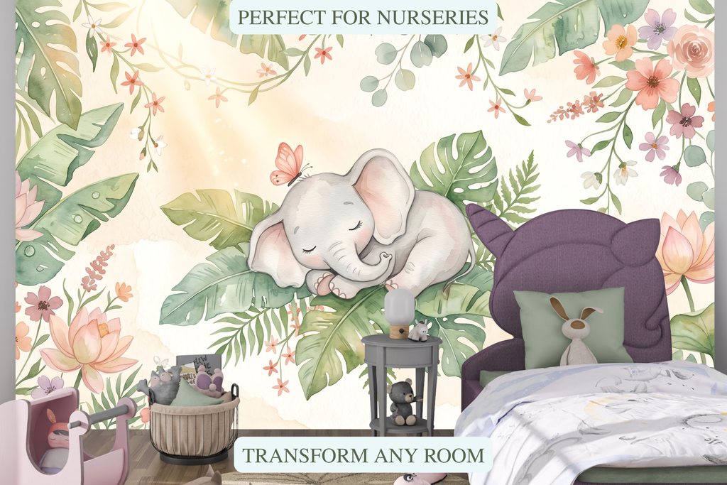 Soft watercolor sleeping baby elephant wallpaper in a peaceful tropical nursery