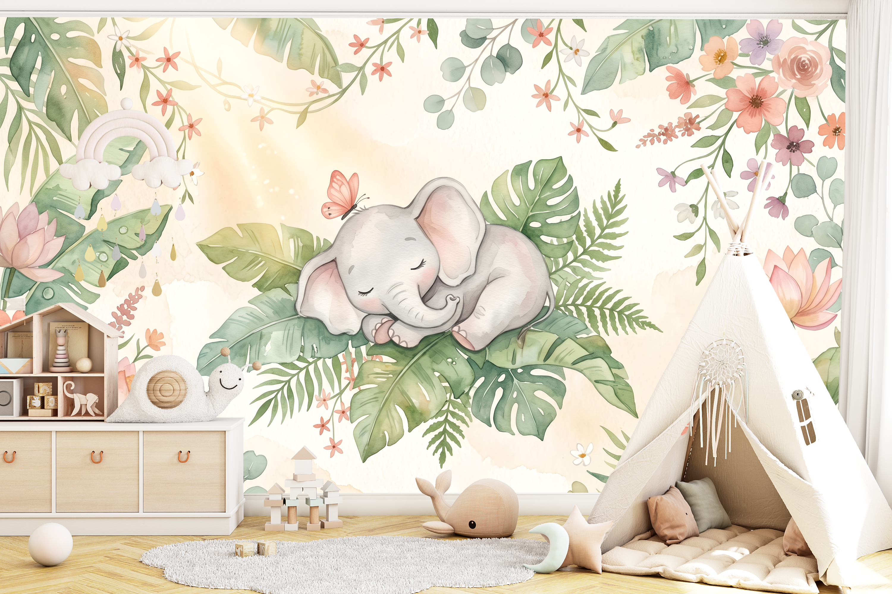 Joyful watercolor jungle wall mural creating a calming accent wall in a playroom