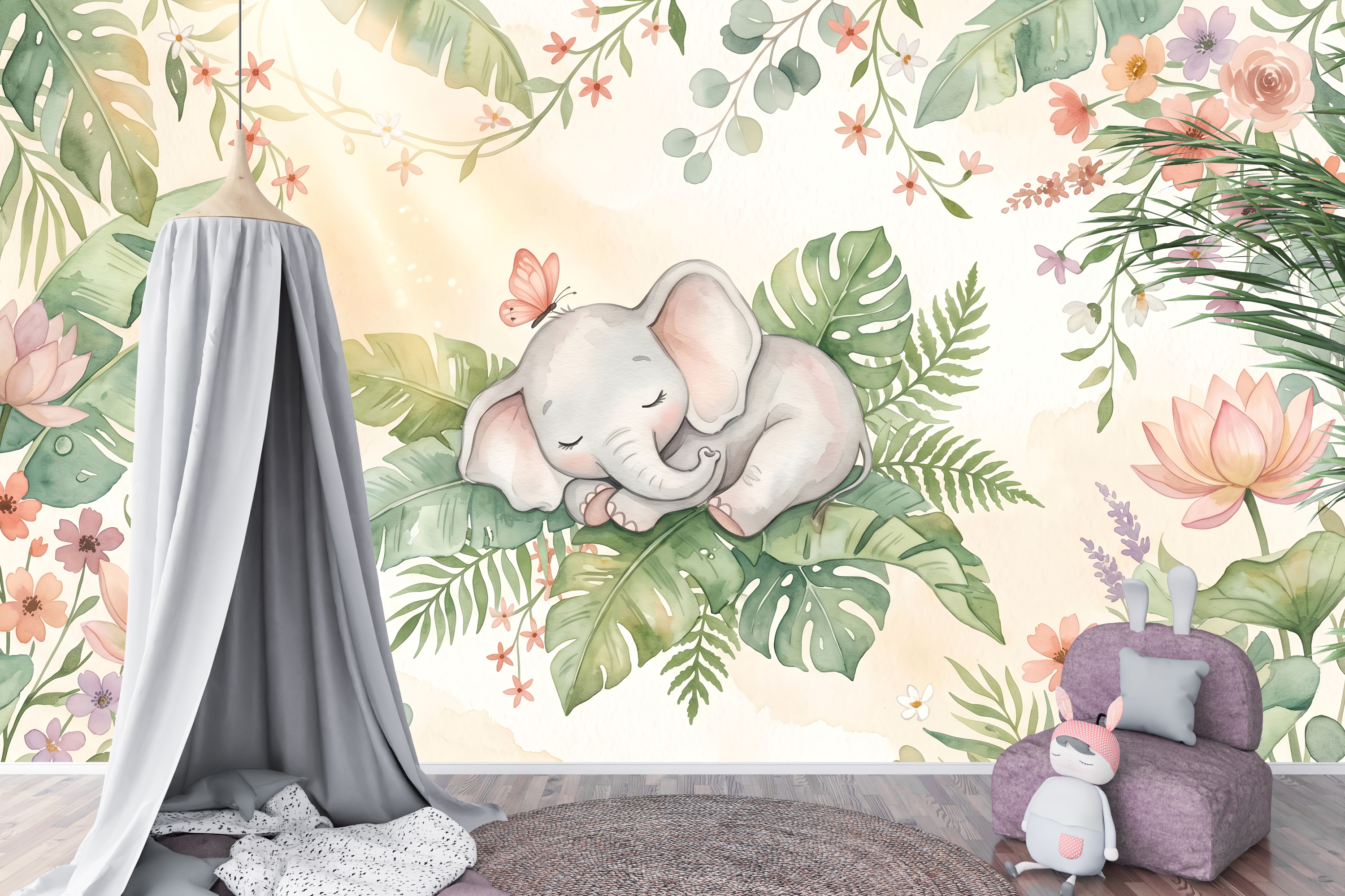 Watercolor Sleeping Elephant & Tropical Floral Wallpaper Soft Pastel Nursery Wall Mural