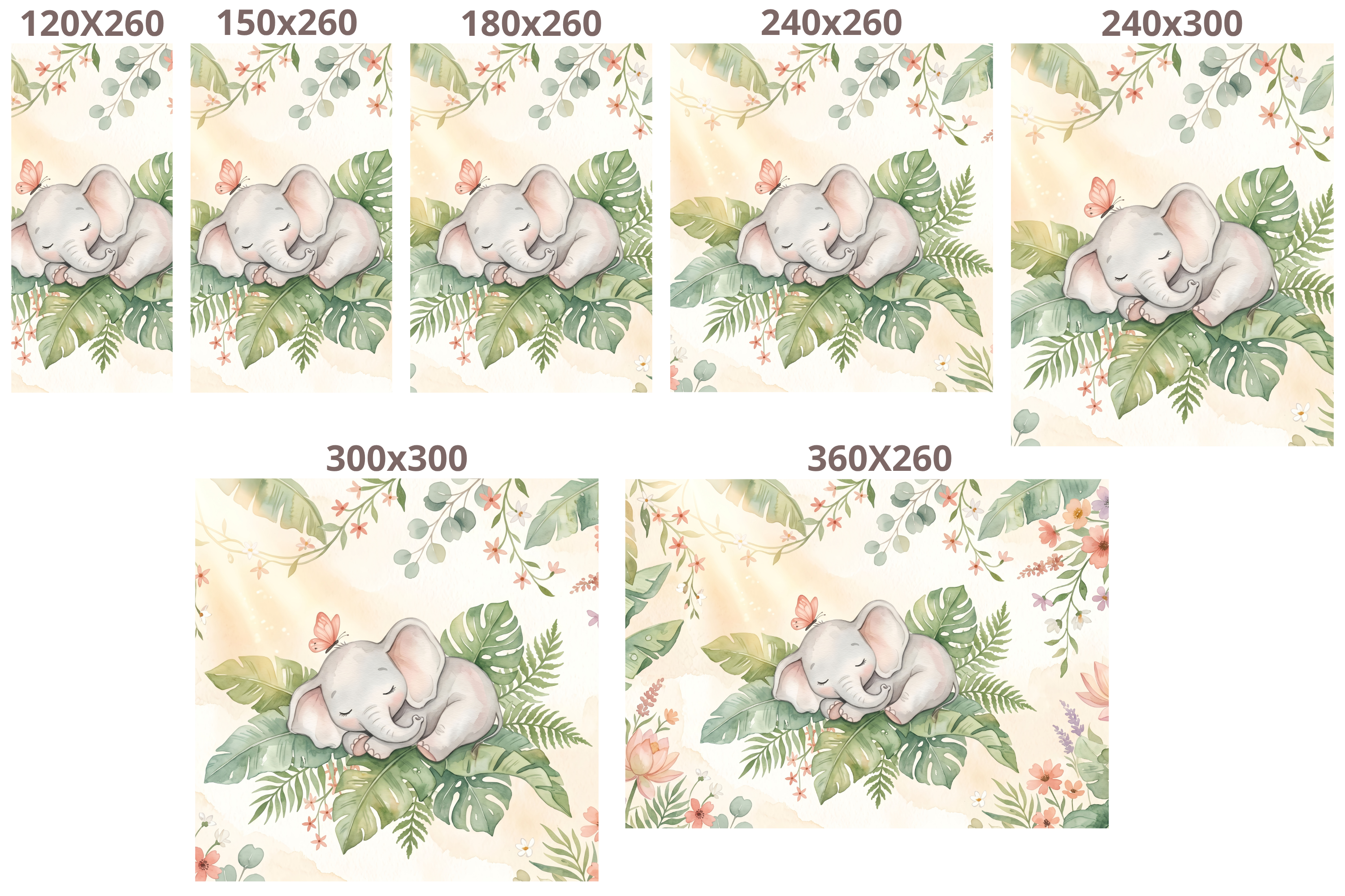 Watercolor Sleeping Elephant & Tropical Floral Wallpaper Soft Pastel Nursery Wall Mural