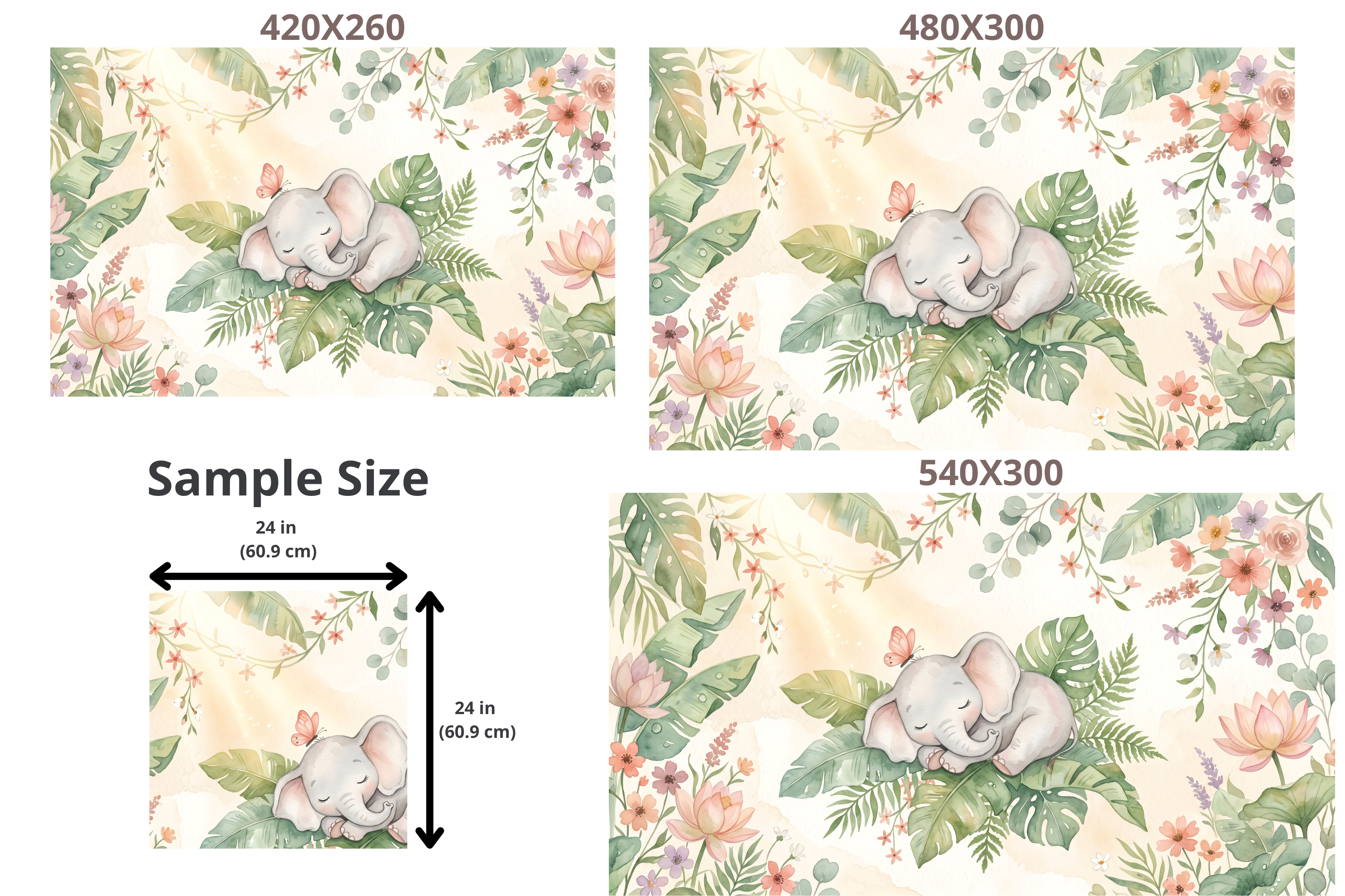 Watercolor Sleeping Elephant & Tropical Floral Wallpaper Soft Pastel Nursery Wall Mural