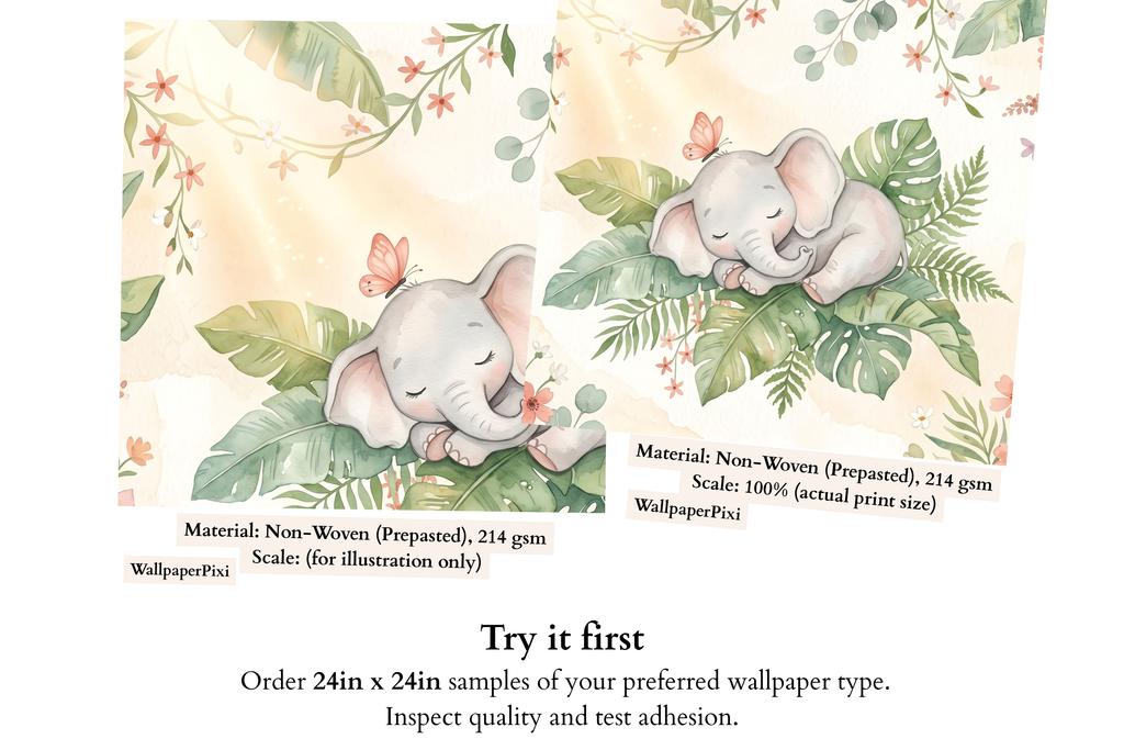 Watercolor Sleeping Elephant & Tropical Floral Wallpaper Soft Pastel Nursery Wall Mural