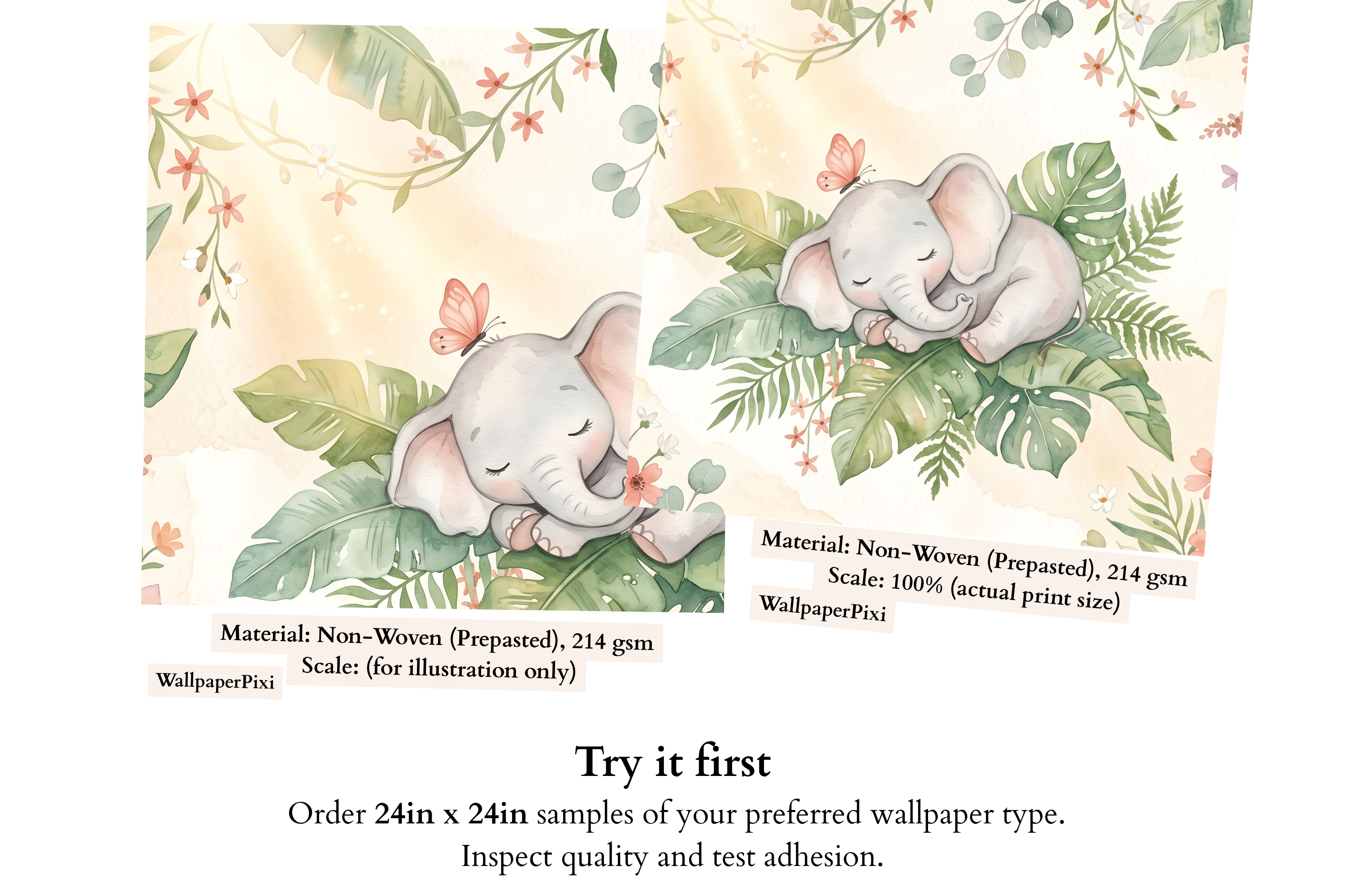 Watercolor Sleeping Elephant & Tropical Floral Wallpaper Soft Pastel Nursery Wall Mural