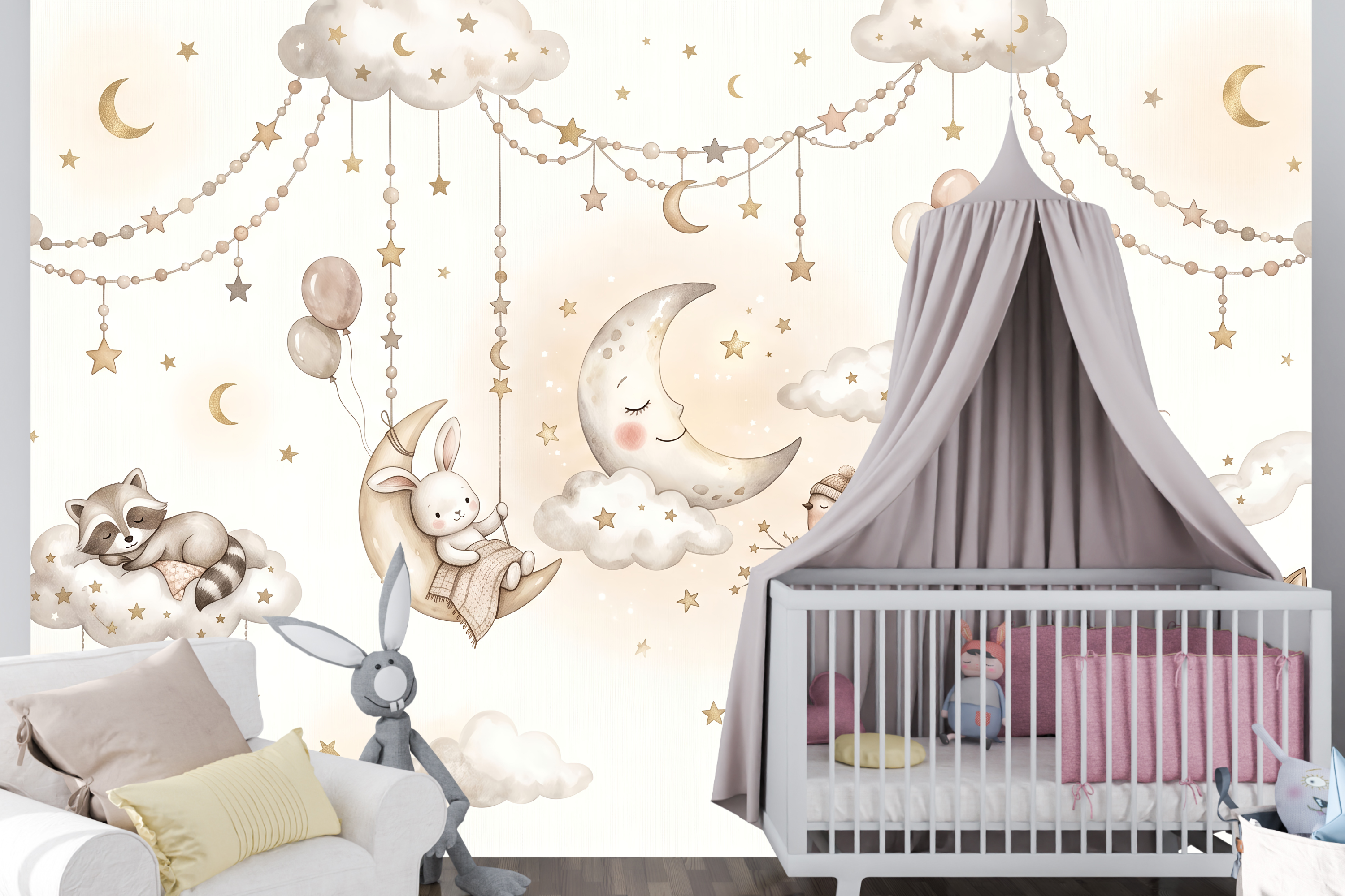 Soft neutral watercolor sleepy animals wallpaper in a calming baby nursery