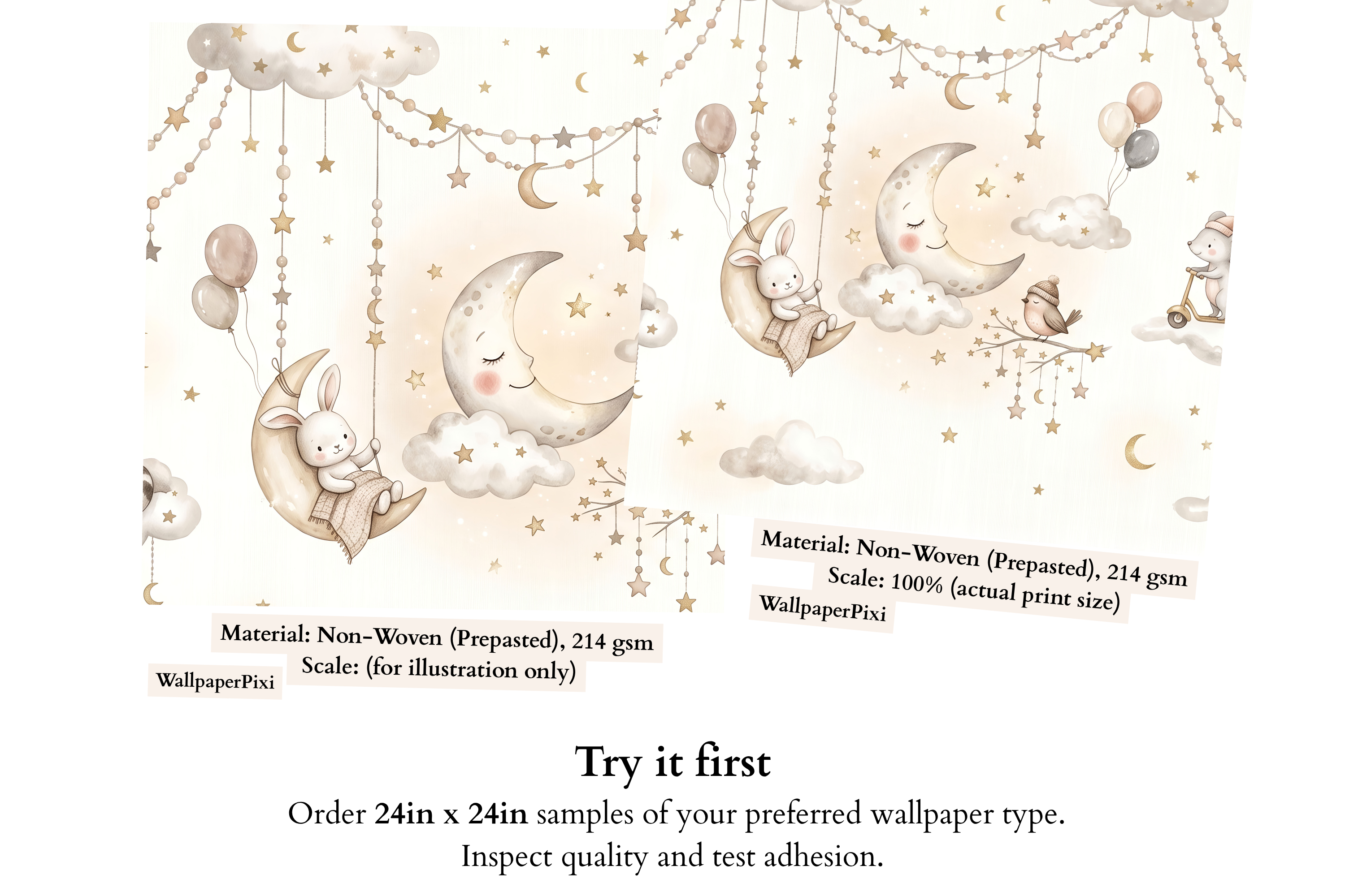 Watercolor Sleepy Animals & Clouds Wall Mural Dreamy Neutral Starry Nursery Wallpaper