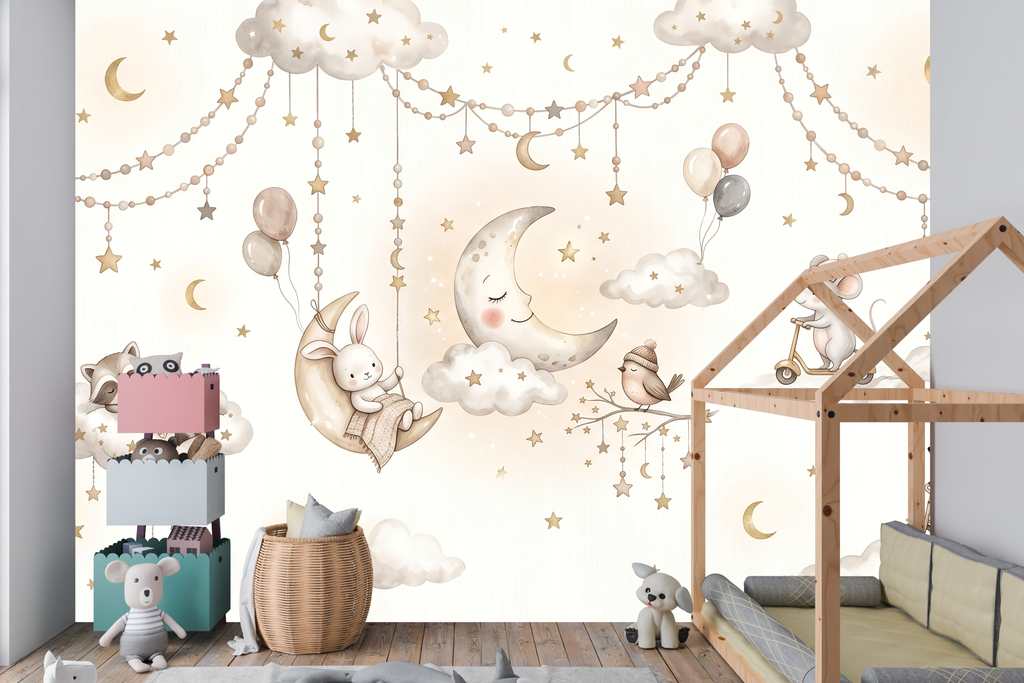 Watercolor Sleepy Animals & Clouds Wall Mural Dreamy Neutral Starry Nursery Wallpaper