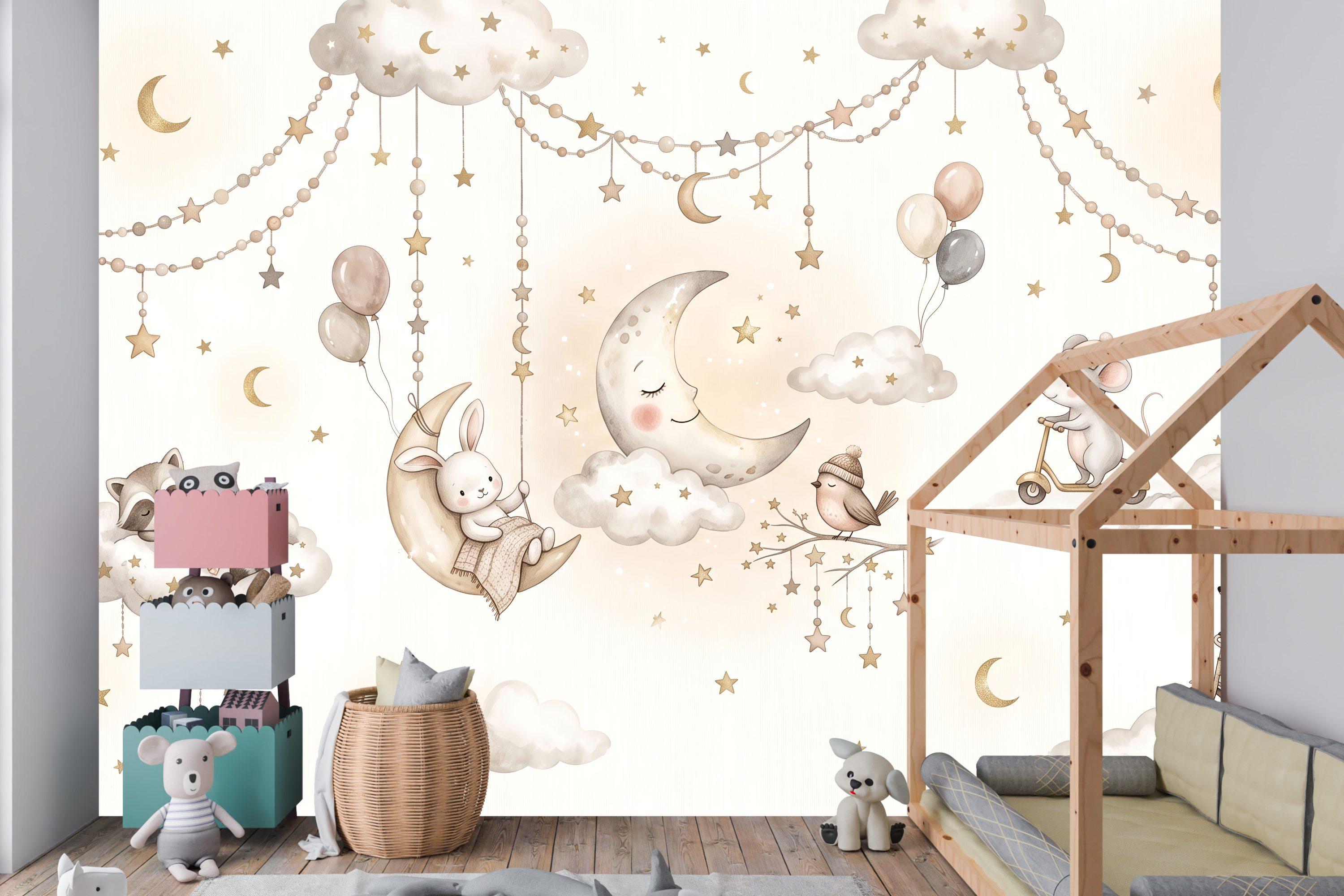 Watercolor Sleepy Animals & Clouds Wall Mural Dreamy Neutral Starry Nursery Wallpaper