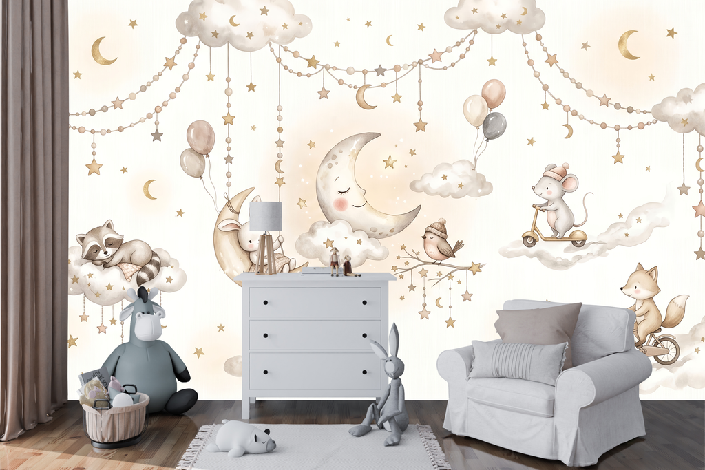 Warm beige starry sky and fluffy cloud wall mural transforming a cozy reading corner