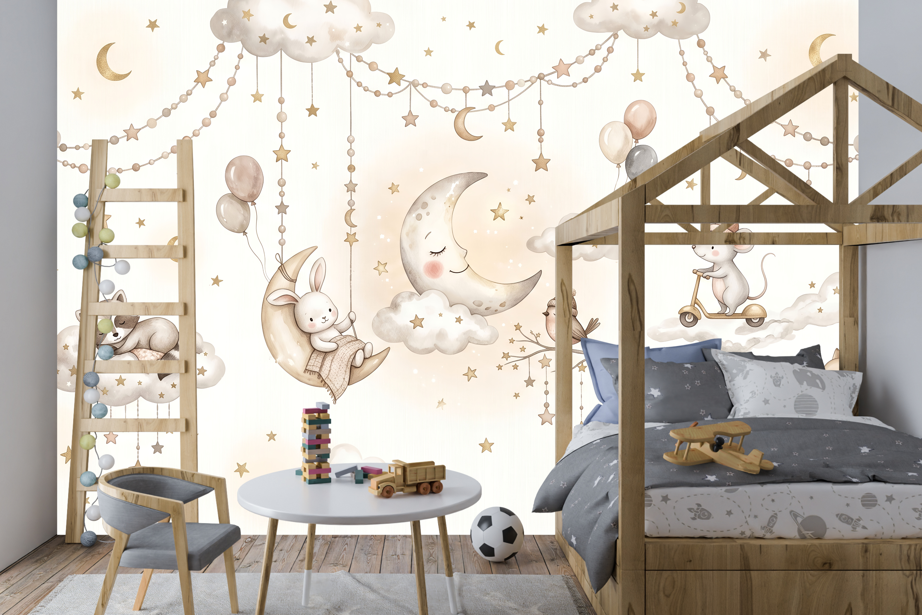 Watercolor Sleepy Animals & Clouds Wall Mural Dreamy Neutral Starry Nursery Wallpaper