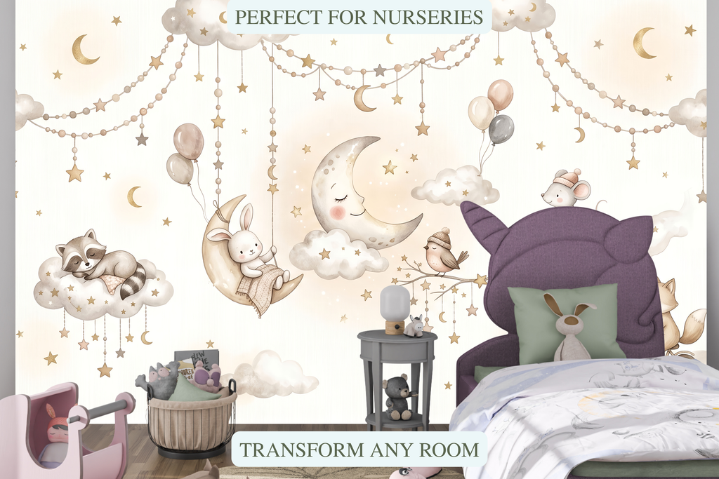 Dreamy cloud and star garland peel and stick wall mural behind a crib or child's bed